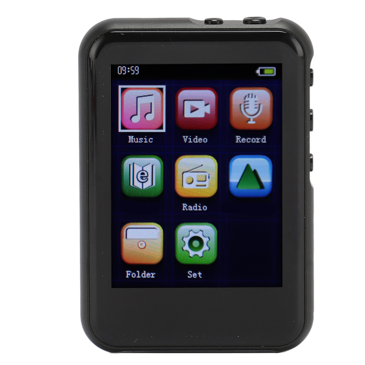 Schwarzer MP3-Player mit Symbolen für Musik, Video, Radio und mehr.