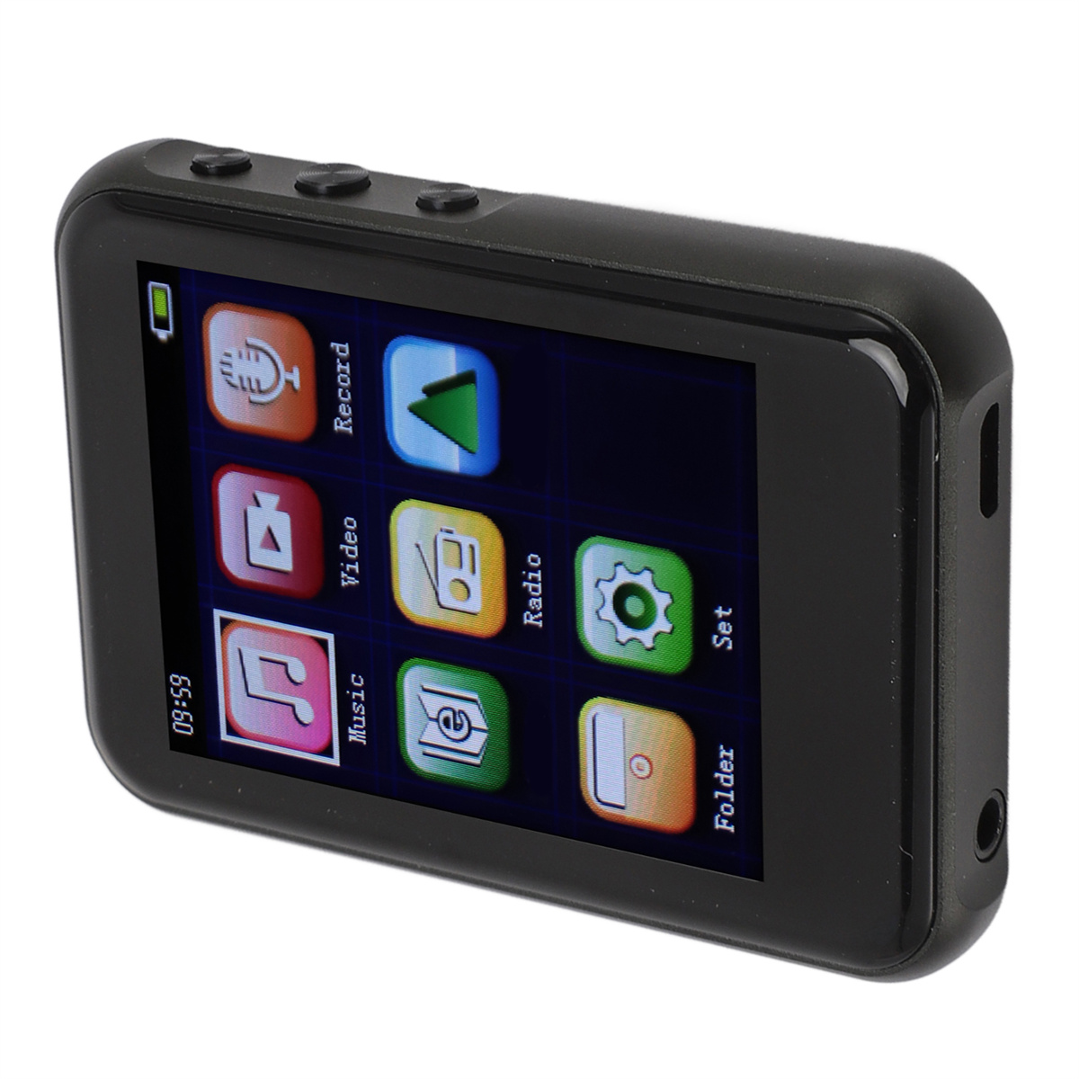 Schwarzer MP3-Player. Rechteckig mit Bildschirm, der Symbole zeigt. Tasten oben und seitlich.