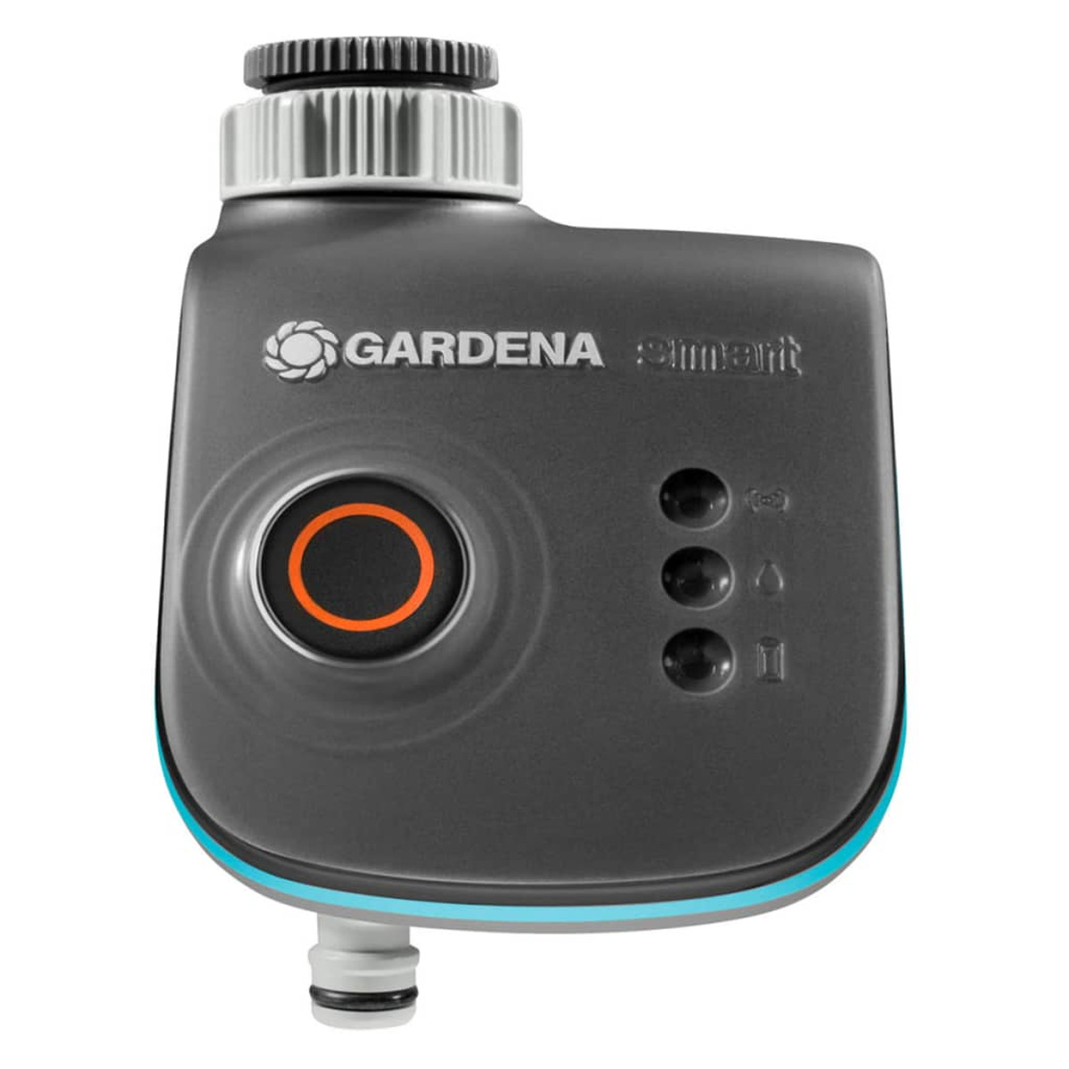 Ein graues GARDENA Smart Water Control Gerät. Es hat ein Zifferblatt und drei Tasten.