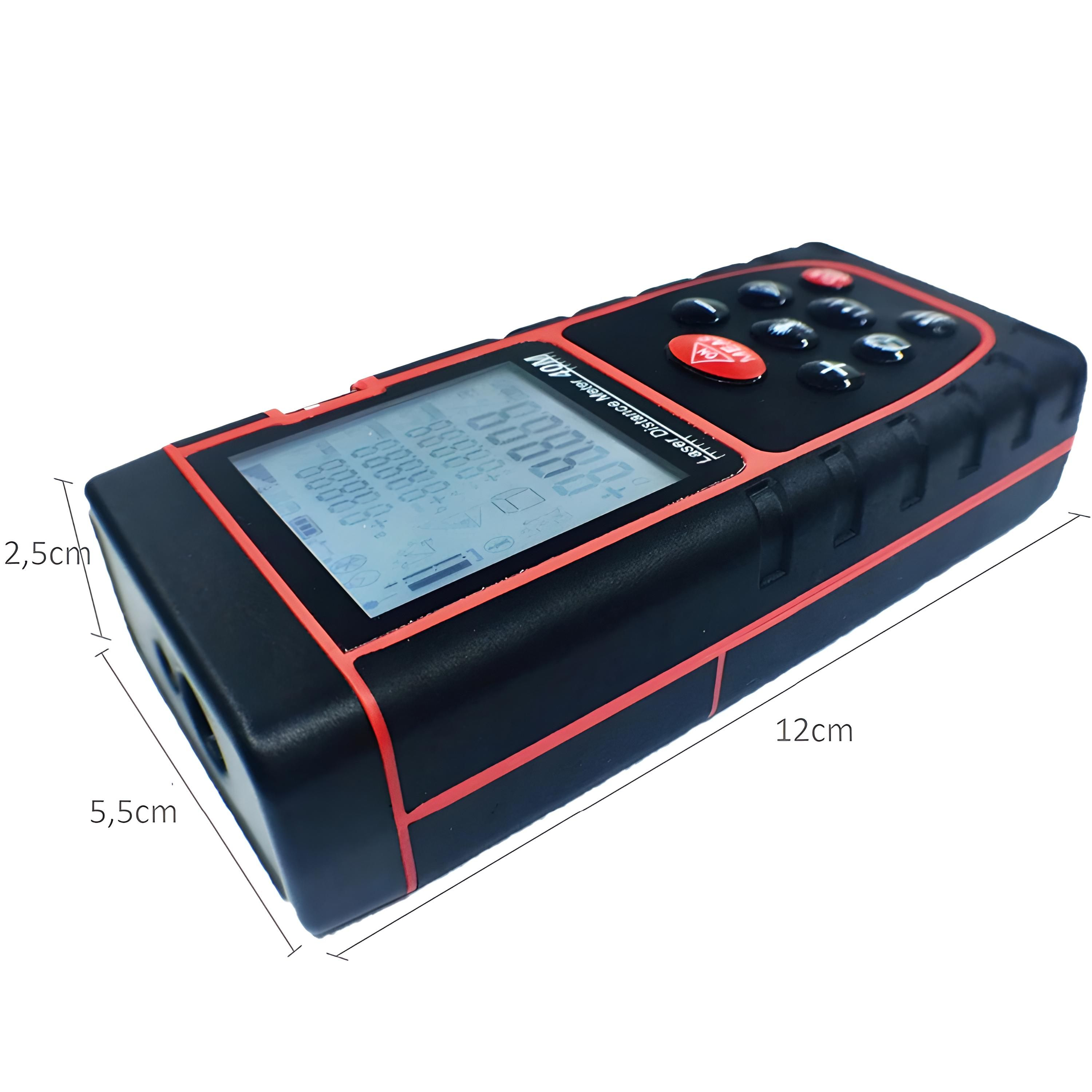 Ein schwarzes und rotes Laser-Entfernungsmessgerät. Zahlen werden mit Messungen auf dem Bildschirm angezeigt.