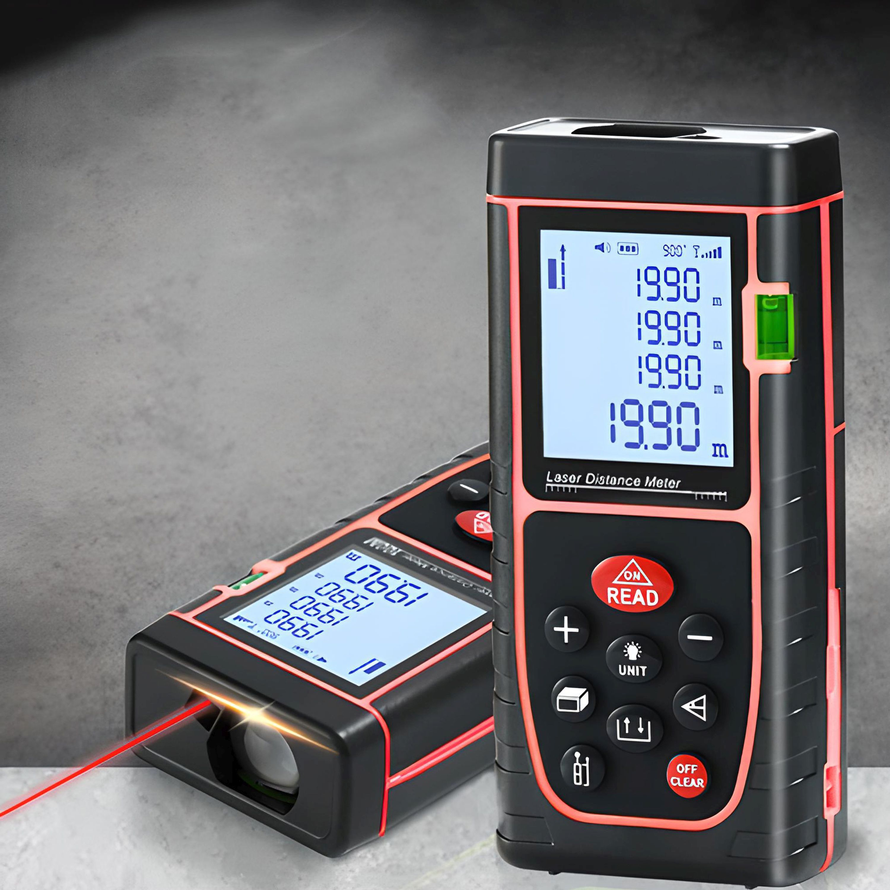 Schwarzes und rotes Laser-Entfernungsmessgerät mit rotem Laserstrahl, Digitalanzeige.