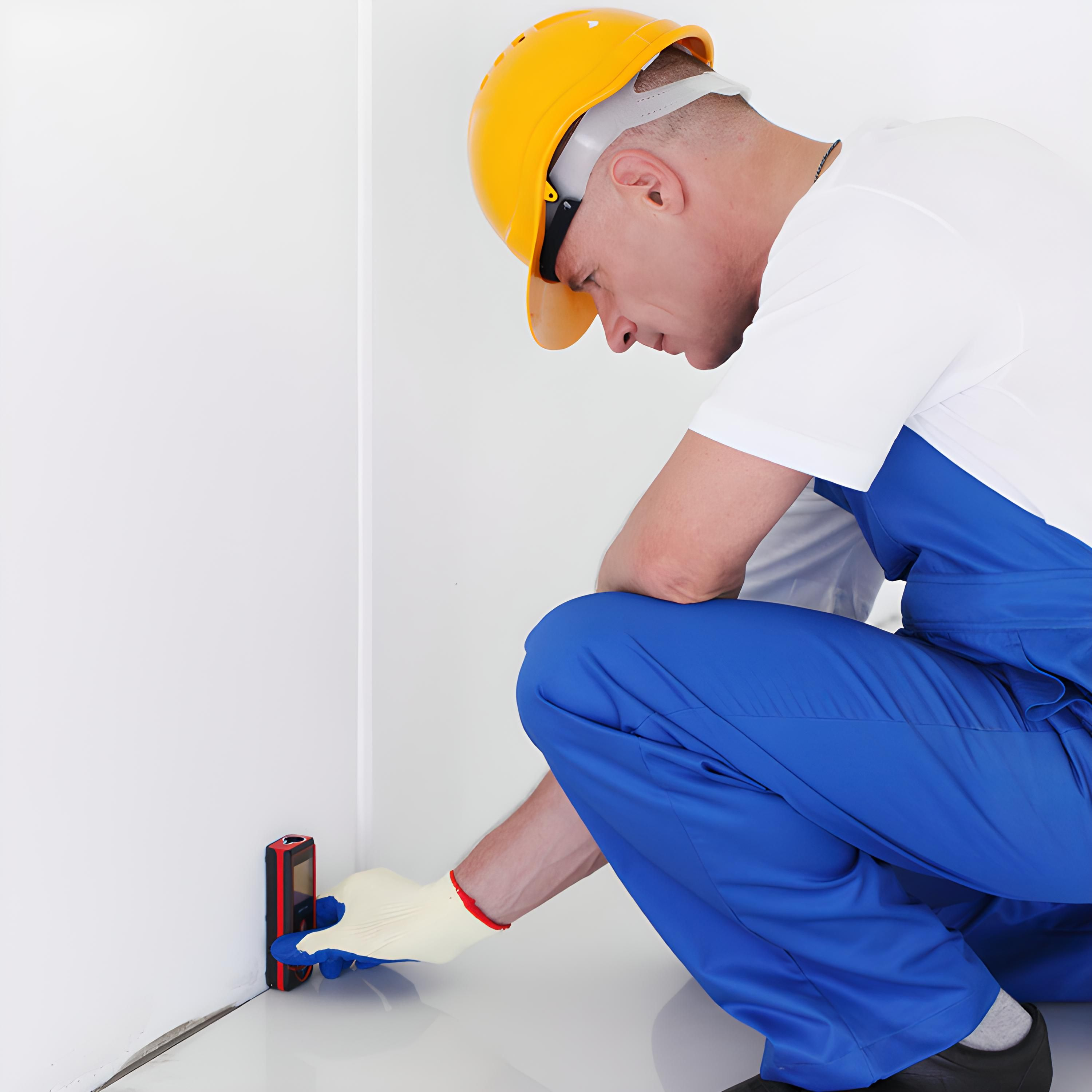 Ein Arbeiter in blauen Overalls und gelbem Helm misst mit einem Laser einen Wand in einem weißen Raum.
