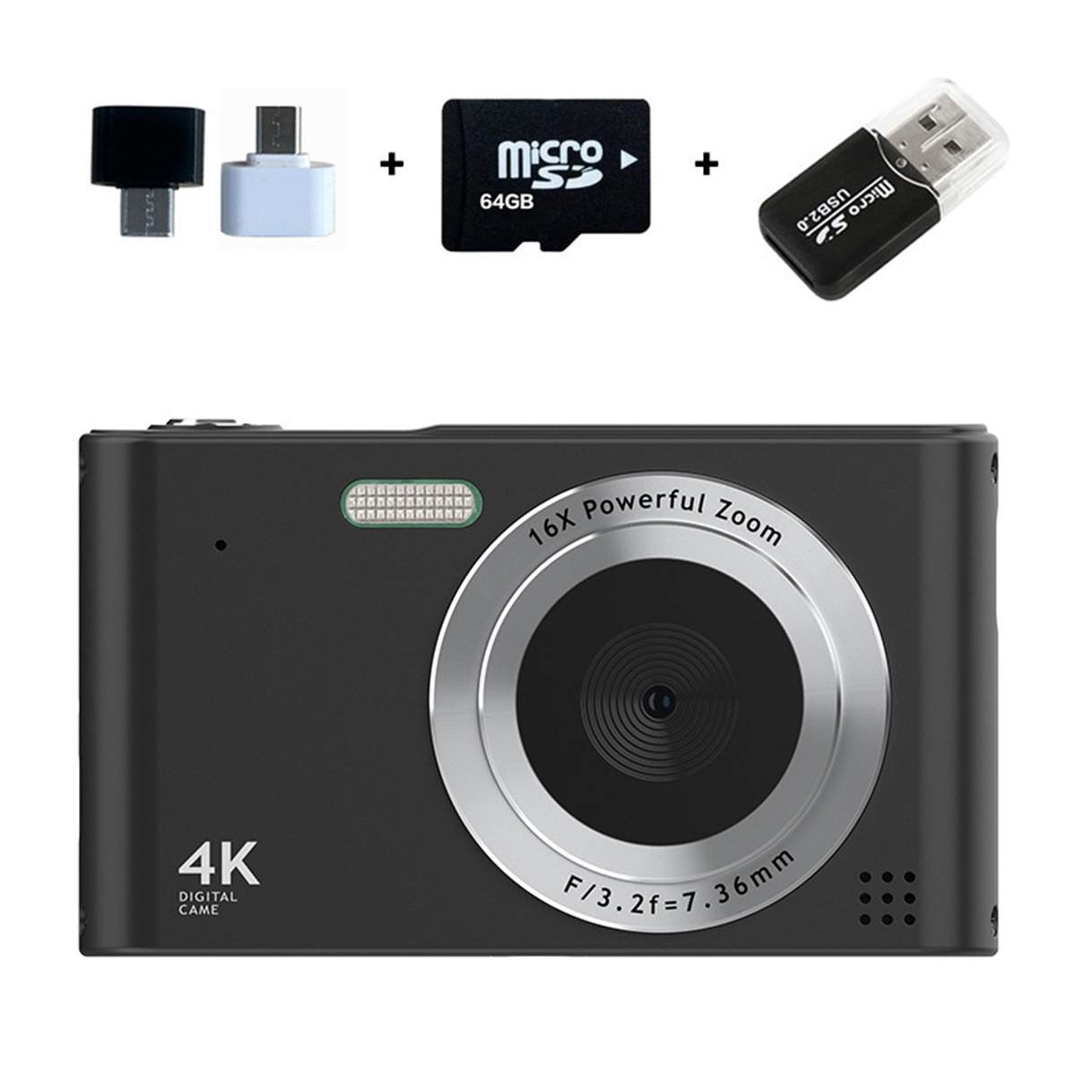 Eine schwarze Digitalkamera mit Zubehör. Enthält eine 64 GB Micro-SD-Karte, einen USB-Adapter und einen USB-Leser.