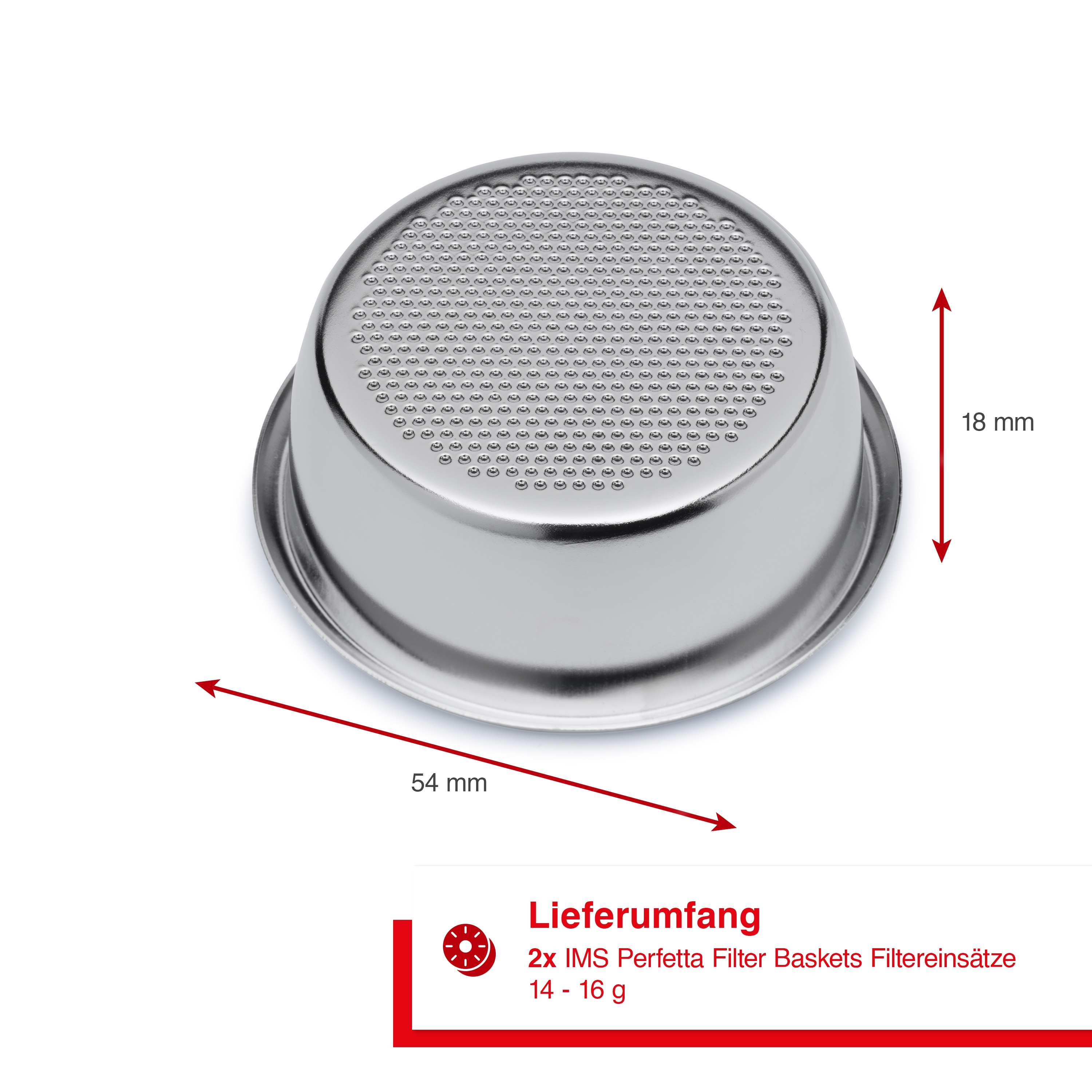 Edelstahl-Kaffeefilterkorb mit Maßen: 54 mm breit und 18 mm hoch. Textbezeichnungen für die Abmessungen.