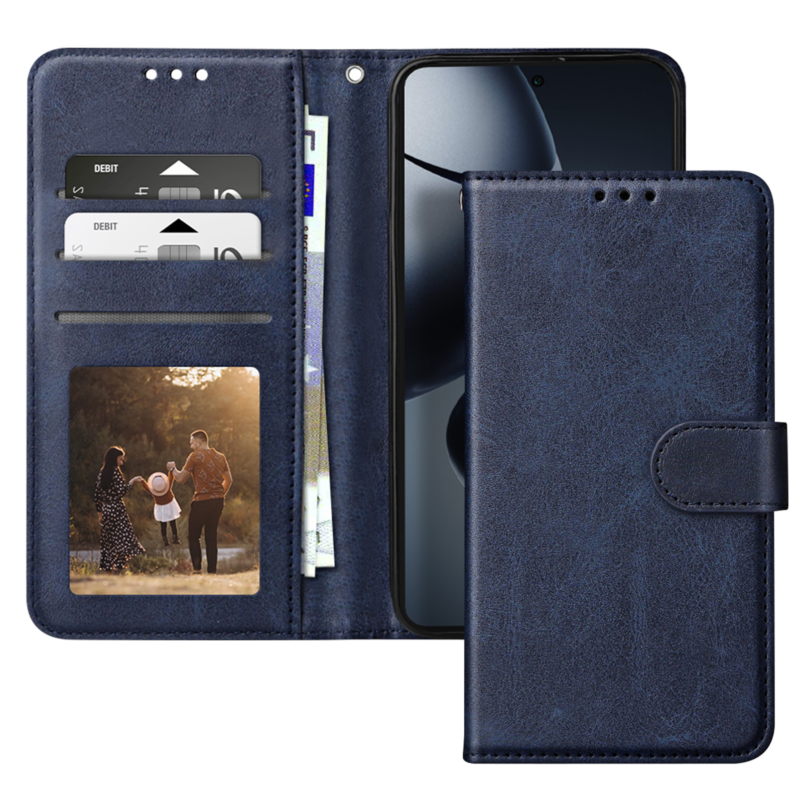 Custodia per telefono in pelle blu aperta, che rivela carte di credito, denaro, foto e un telefono.