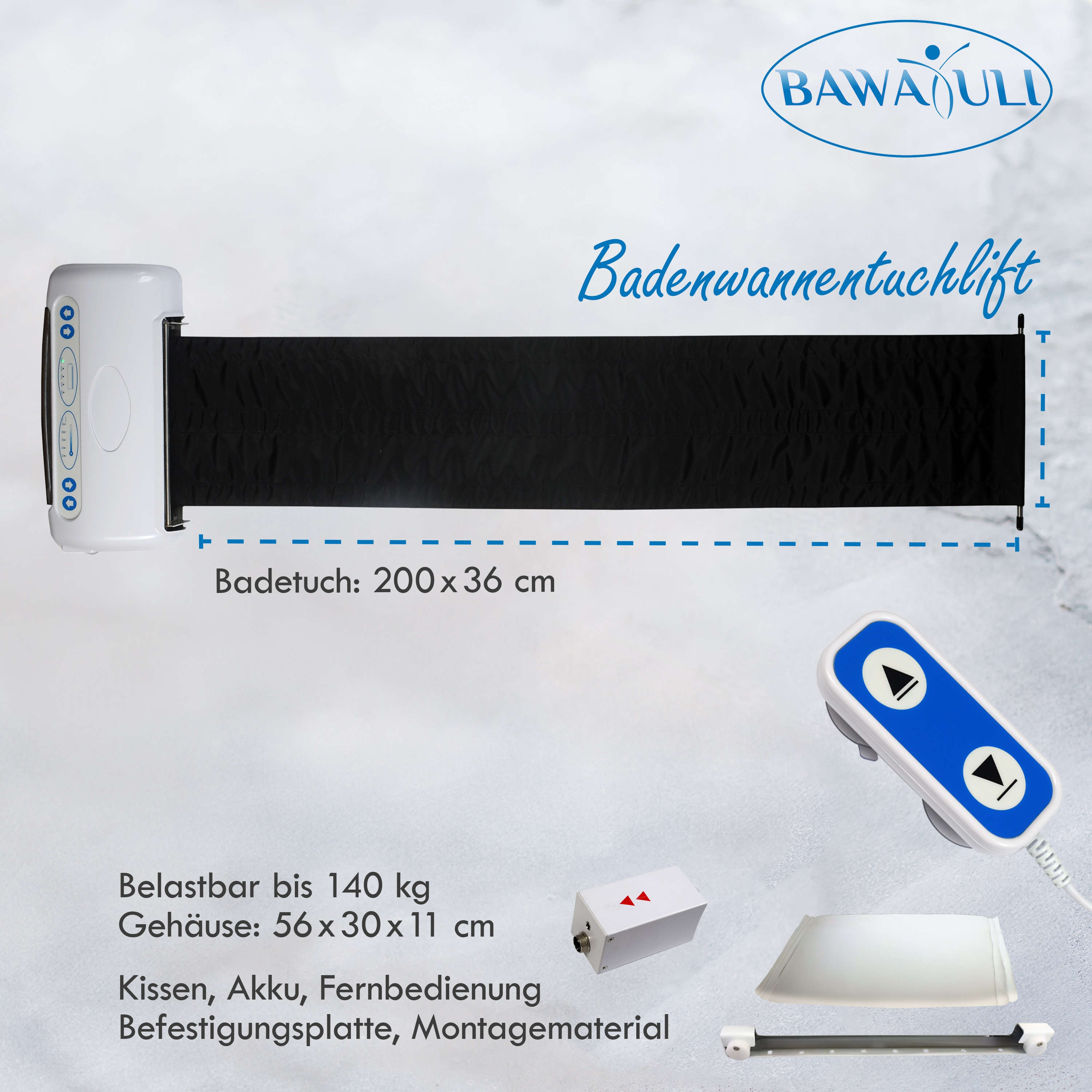 Ein weißer Badewannenlift mit einem schwarzen Handtuch. Blaue Fernbedienung und Text. Das Bild hat deutschen Text.