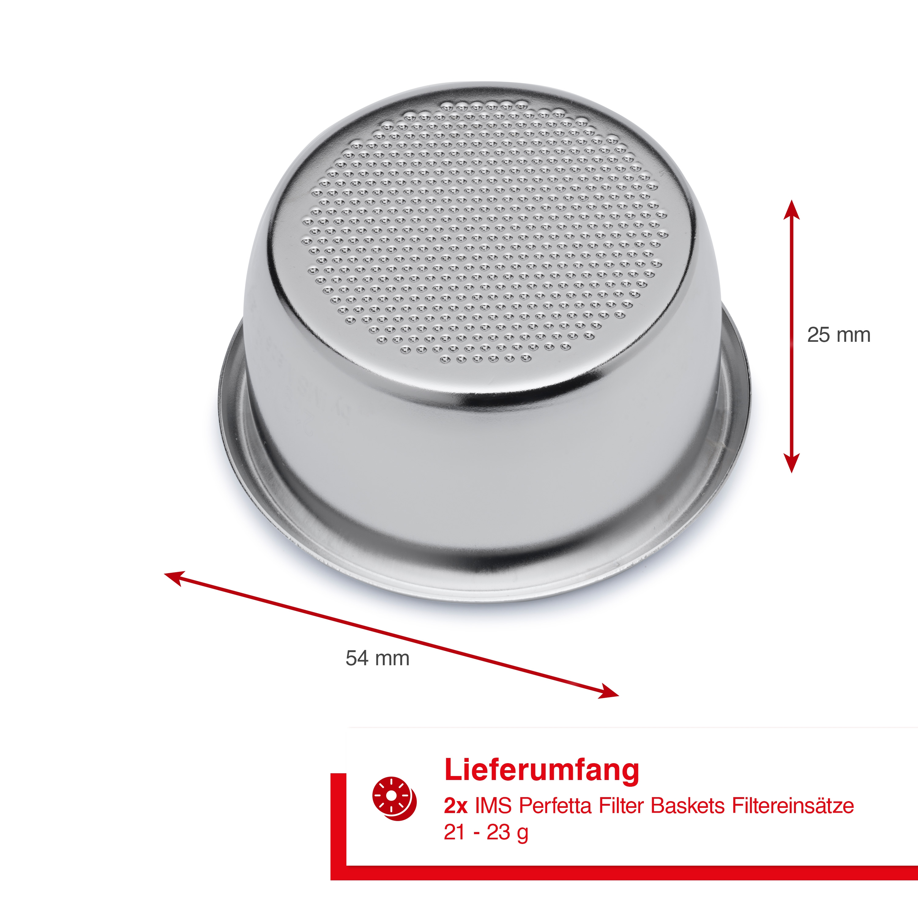 Silberner Espresso-Maschinen-Filterkorb mit Maßen und Text auf weißem Hintergrund.