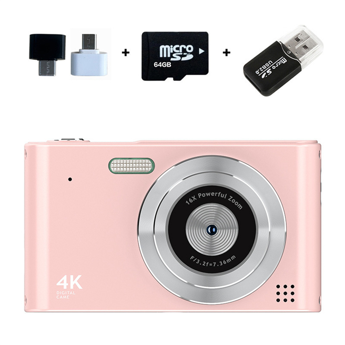 Rosafarbene Digitalkamera mit Objektiven und Zubehör, wie Micro-SD-Karte und Adapter.