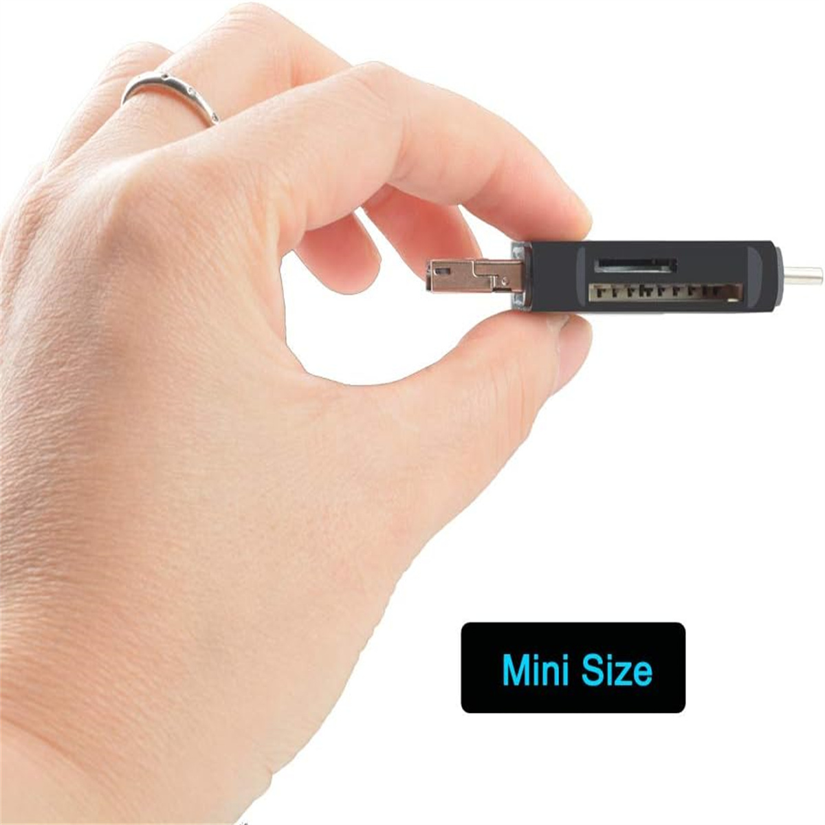 Hand hält einen schwarzen Kartenleser mit silbernem Ring. Der Text 'Mini Size' steht unter dem Leser.