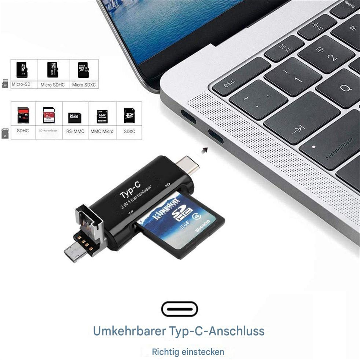 Kartenleser mit SD-Karte. An einen Laptop angeschlossen. Mehrere Kartentypen werden angezeigt.