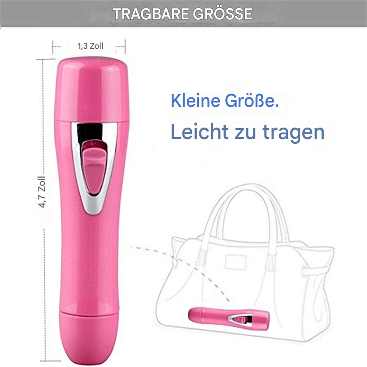 Rosafarbener Epilierer mit Maßen und einer Handtaschenillustration daneben, mit dem Text „Kleine Größe. Leicht zu tragen“.