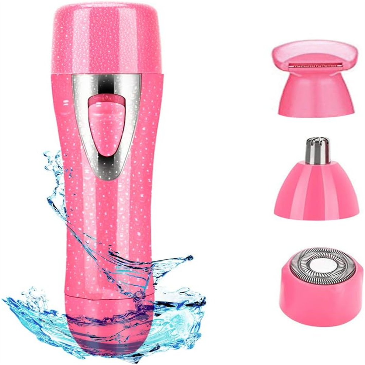 Ein rosa elektrischer Rasierer mit drei austauschbaren Köpfen und Wasserspritzereffekt.