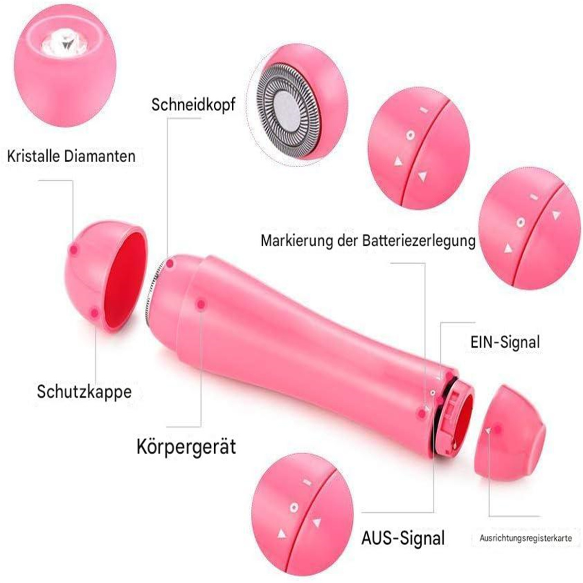 Rosa Epilierer mit beschrifteten Teilen auf Deutsch, vor weißem Hintergrund.