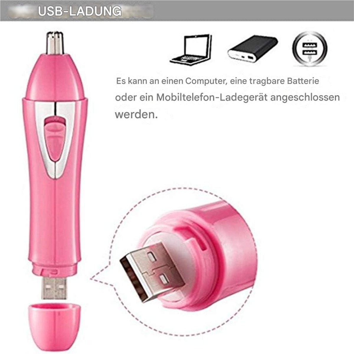 Ein rosa USB-Ladegerät mit einem USB-Anschluss, und der Ladeanschluss ist sichtbar. Der Hintergrund ist weiß.