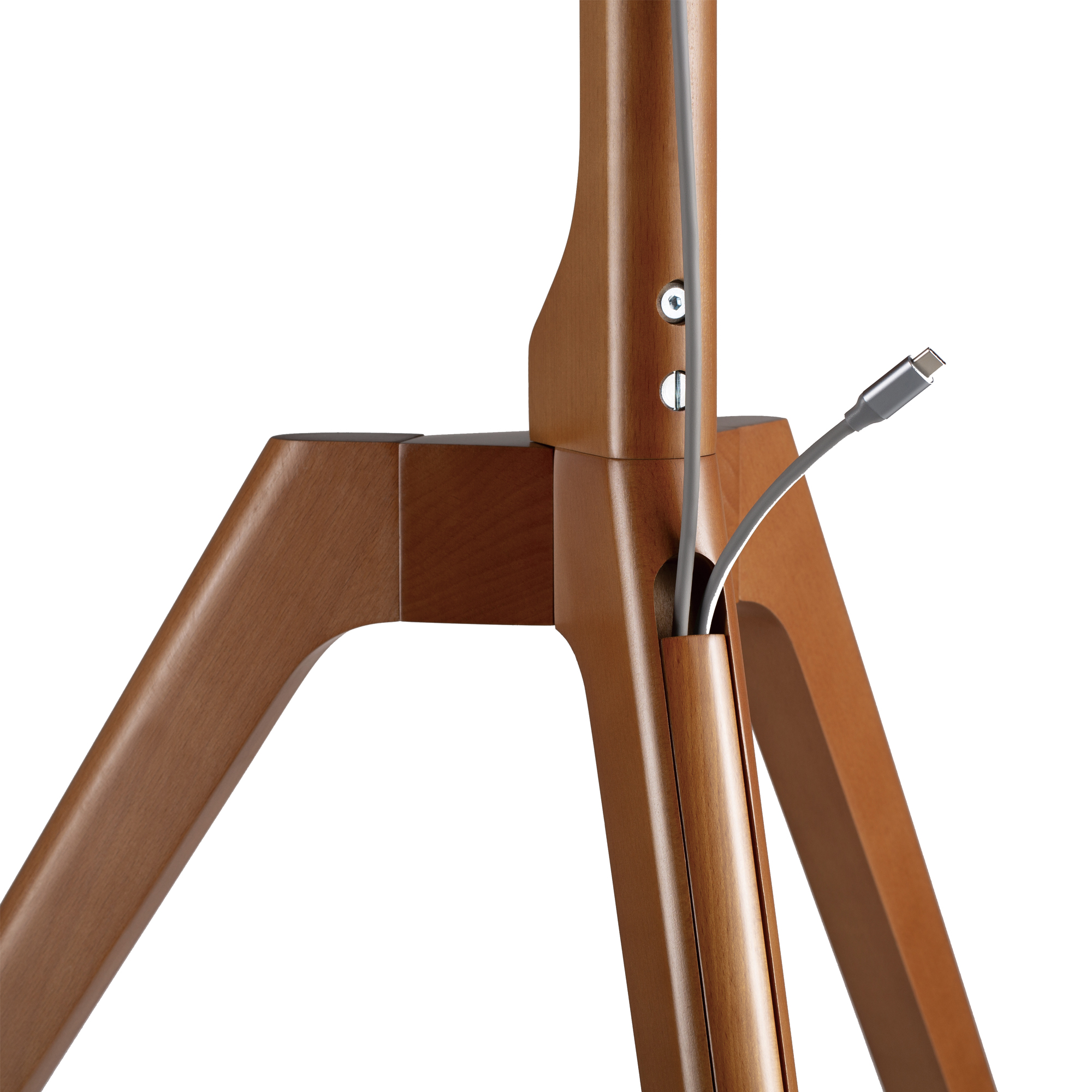 Holzständer mit eingelegtem Kabel. Braune Farbe. Weißer Hintergrund.