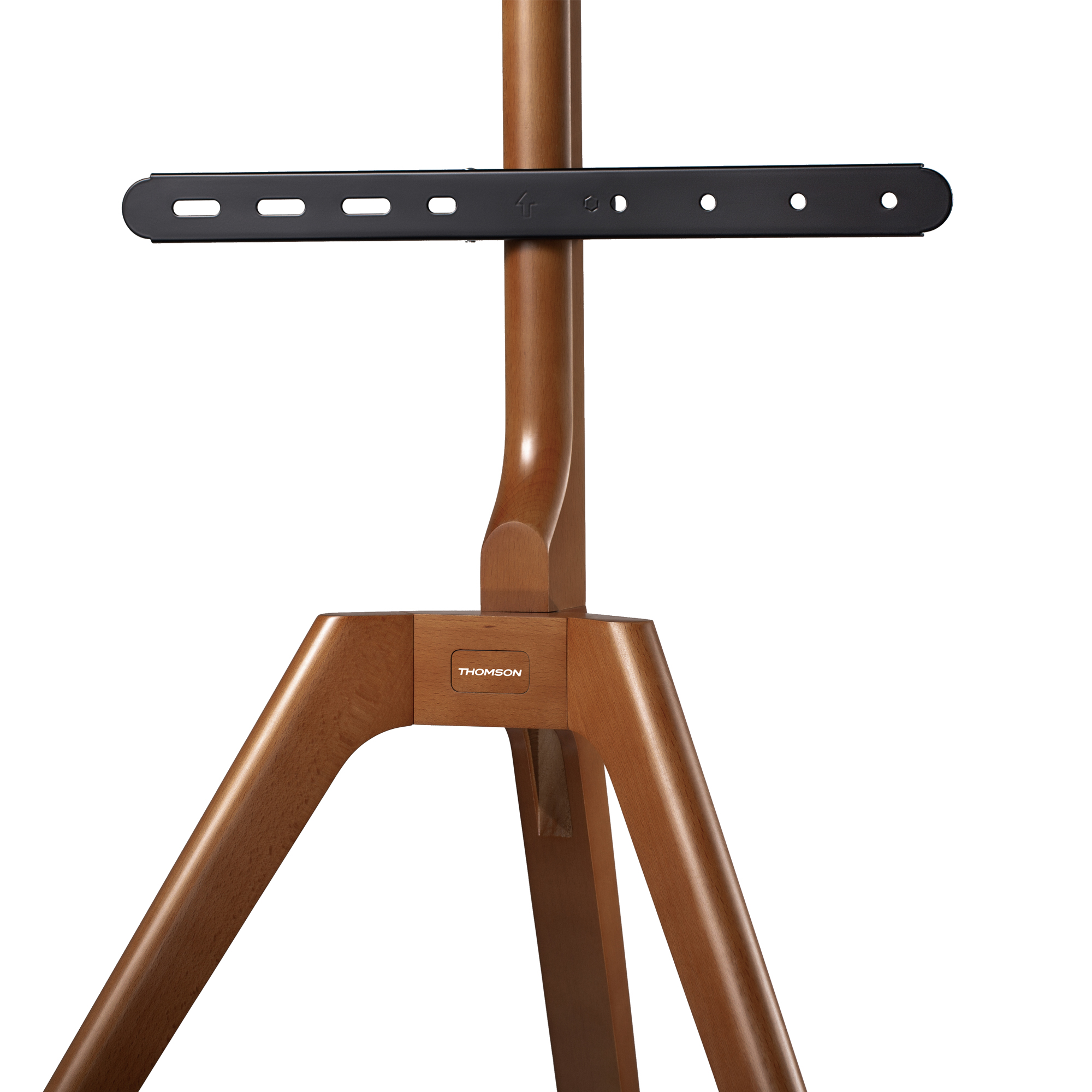 TV-Ständer aus Holz mit schwarzer Metallstange. Der Ständer hat einen Dreibein-Sockel mit dem Markennamen THOMSON.