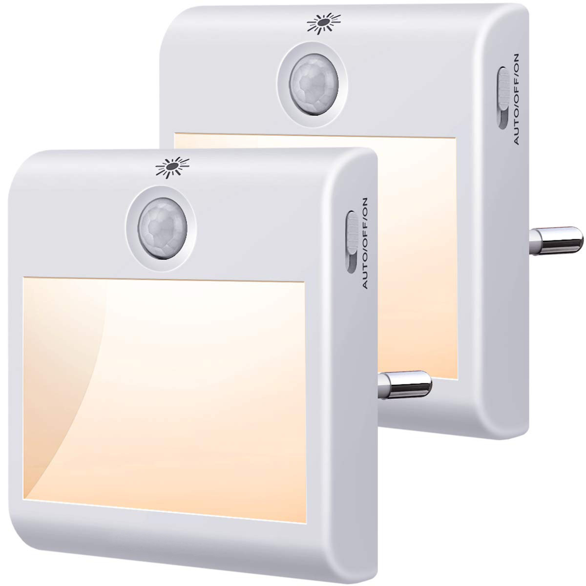 Zwei weiße Nachtlichter. Jedes hat ein Lichtfeld und einen Sensor mit Ein/Aus-Schalter.