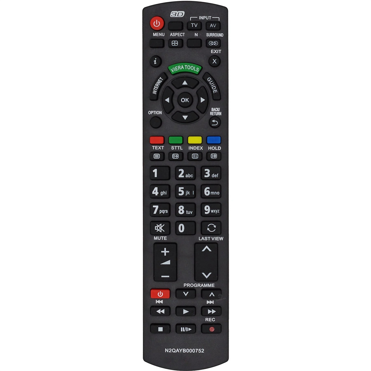 Eine schwarze Panasonic-Fernbedienung mit verschiedenen Tasten, darunter Ein-/Ausschalter, Menü und Lautstärke.