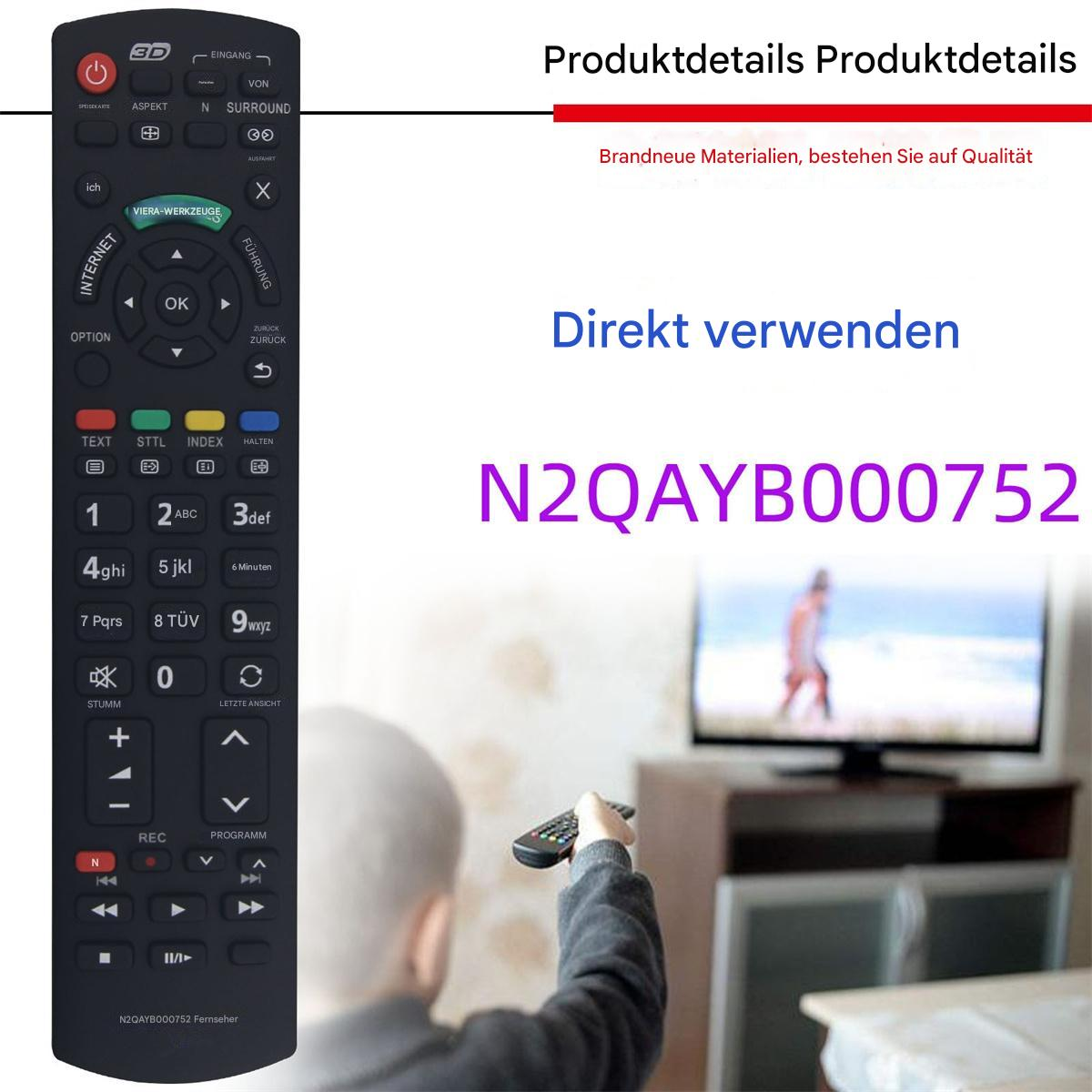 Eine Person hält eine Fernbedienung. Ein Fernseher zeigt ein Bild. Verschiedene Tasten auf der Fernbedienung sind sichtbar.