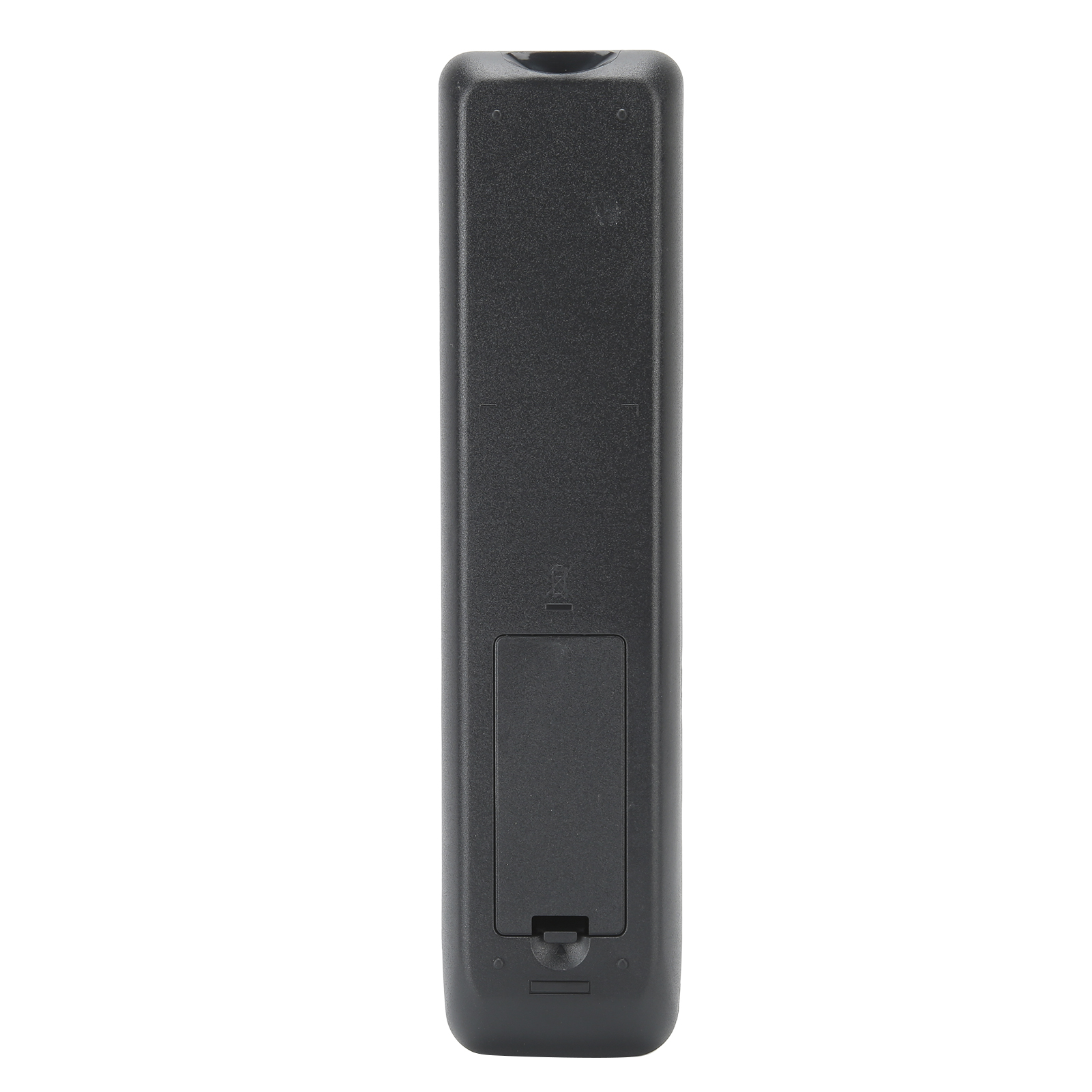Die Rückseite einer schwarzen Fernbedienung mit Batteriefach.