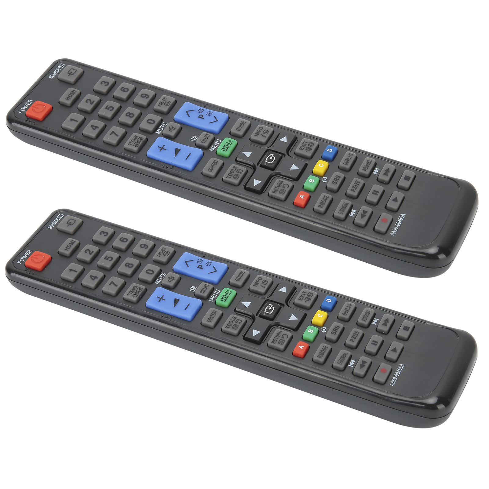 Zwei schwarze TV-Fernbedienungen mit Tasten wie Strom, Kanäle, Lautstärke und einem Nummernblock.