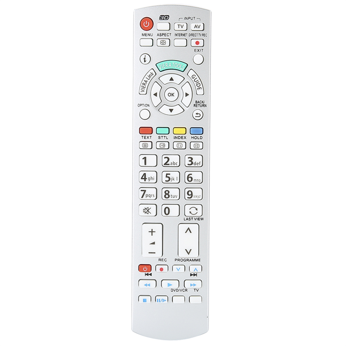 Weiße TV-Fernbedienung mit vielen Knöpfen, auf weißem Hintergrund platziert.