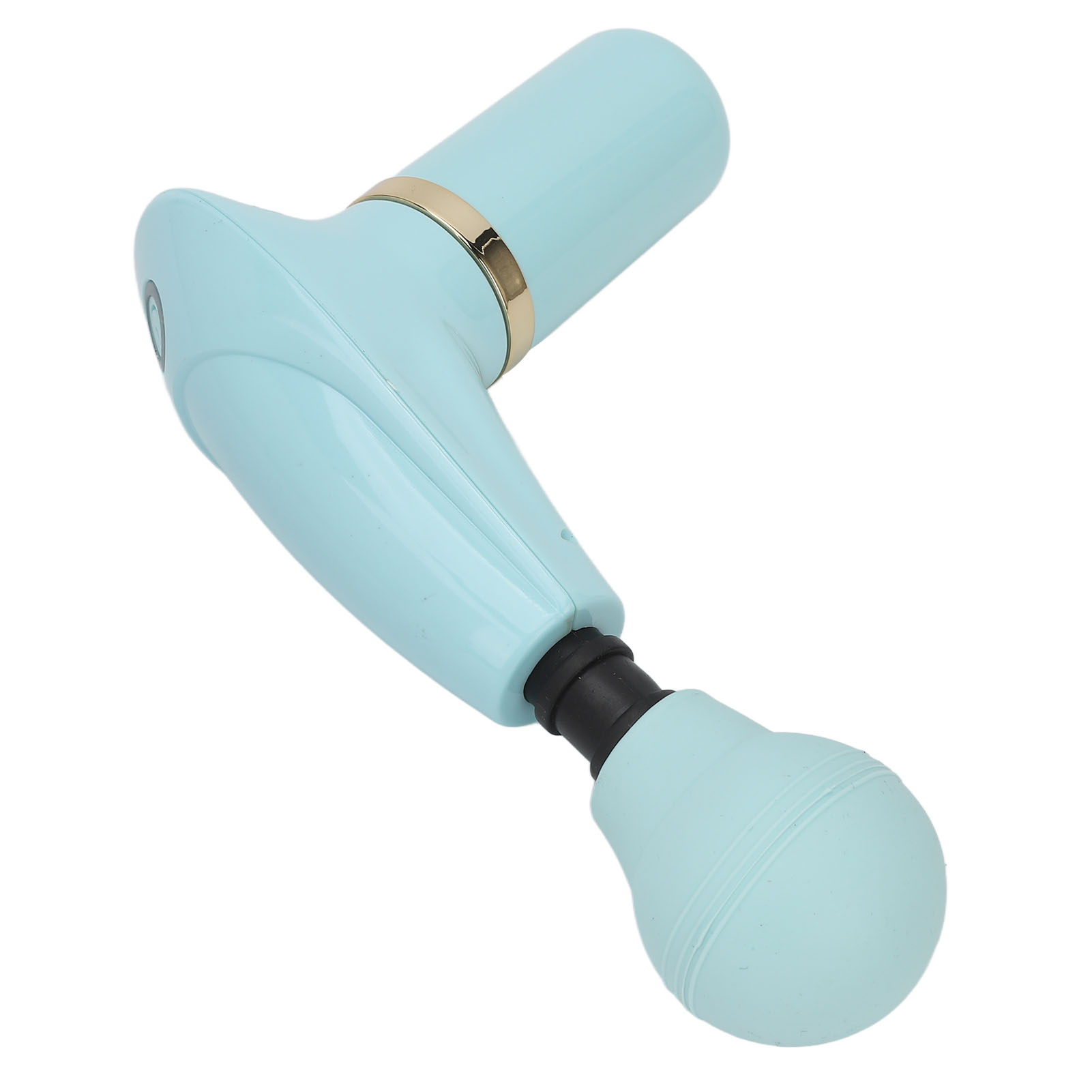 Eine hellblaue Massagepistole. Sie hat eine schwarze Spitze und einen Goldring.