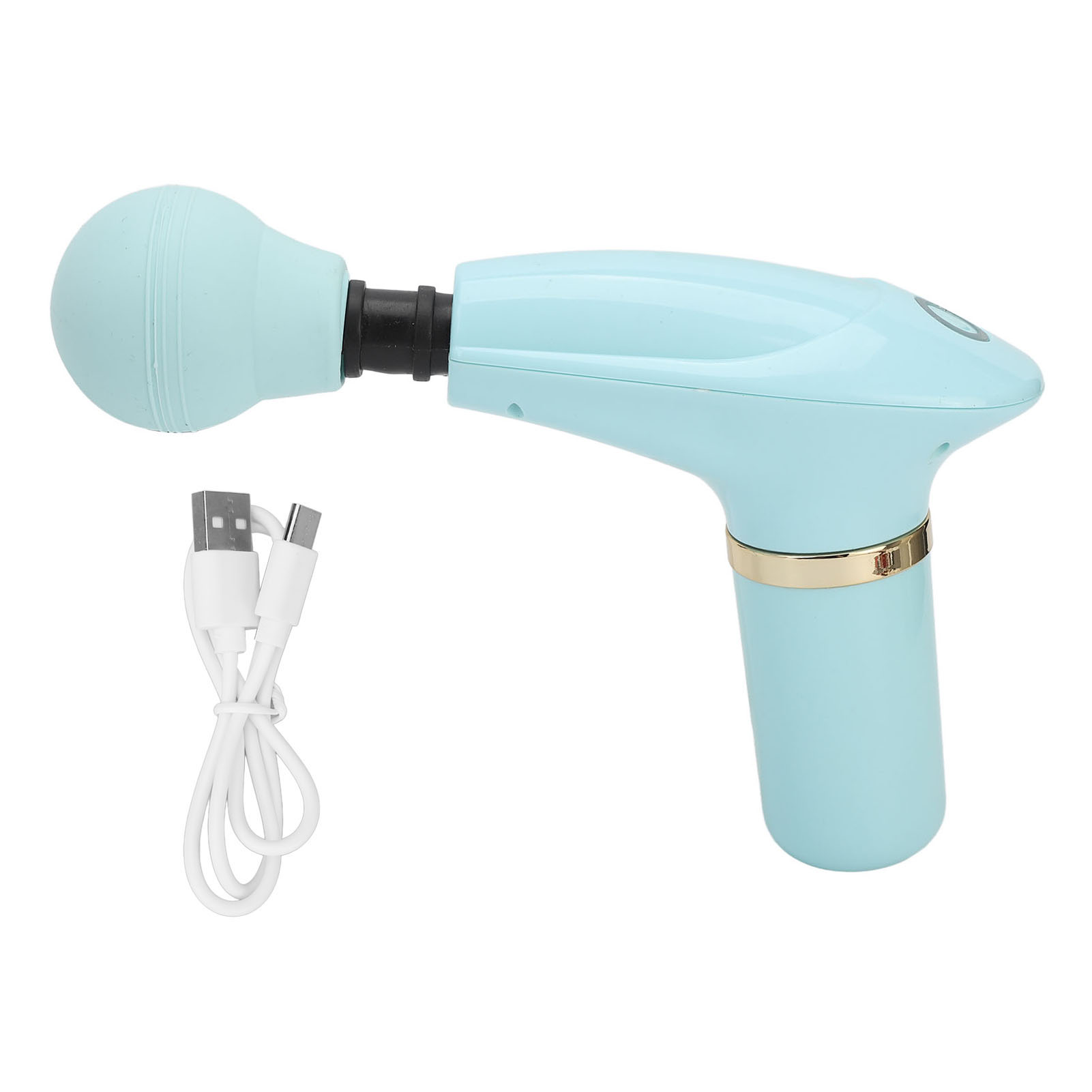Eine hellblaue Massagepistole und ein weißes USB-C-Kabel. Die Pistole hat einen runden Kopf und einen Griff mit goldenen Akzenten.