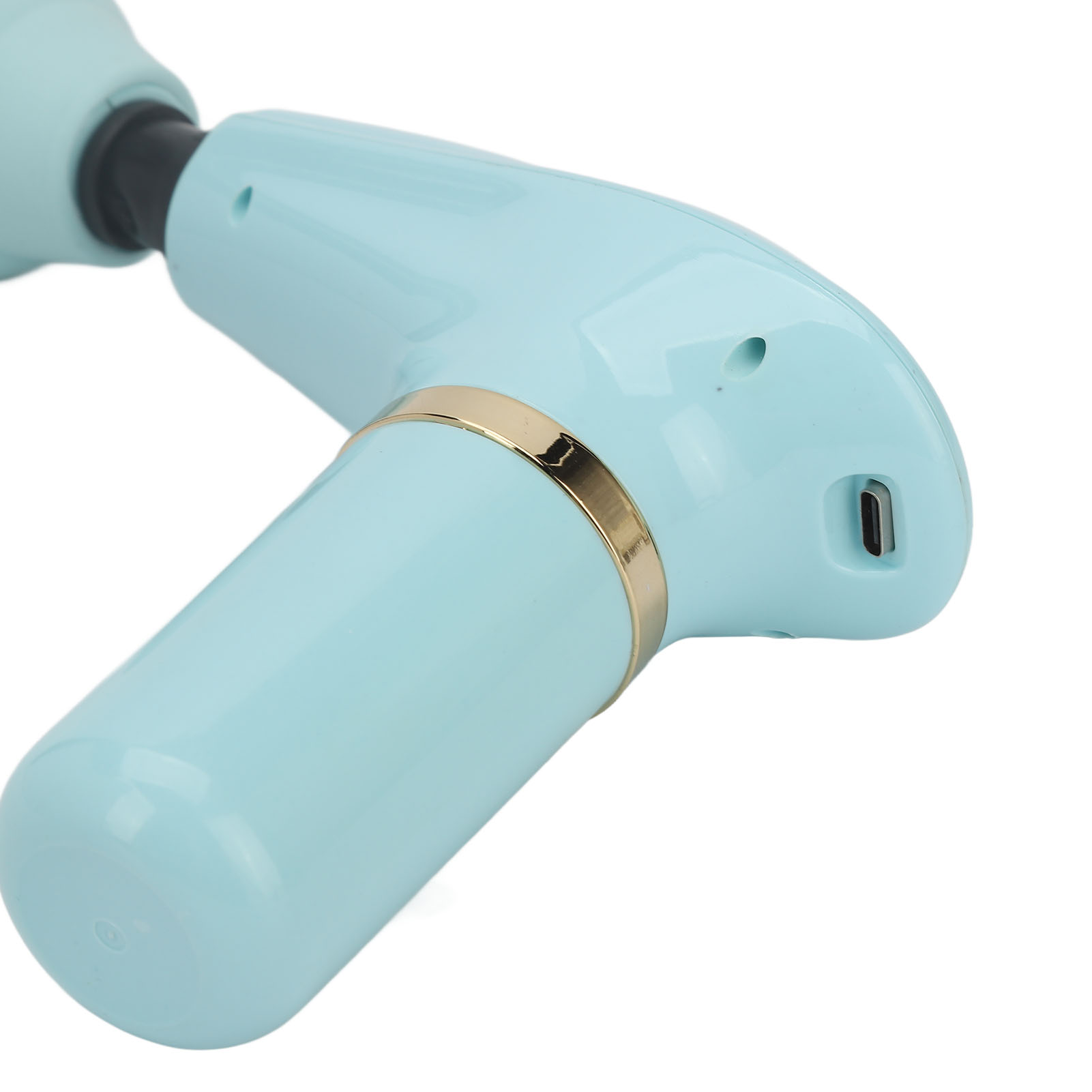 Blaue Handmassagepistole mit rundem Kopf und Ladeanschluss.