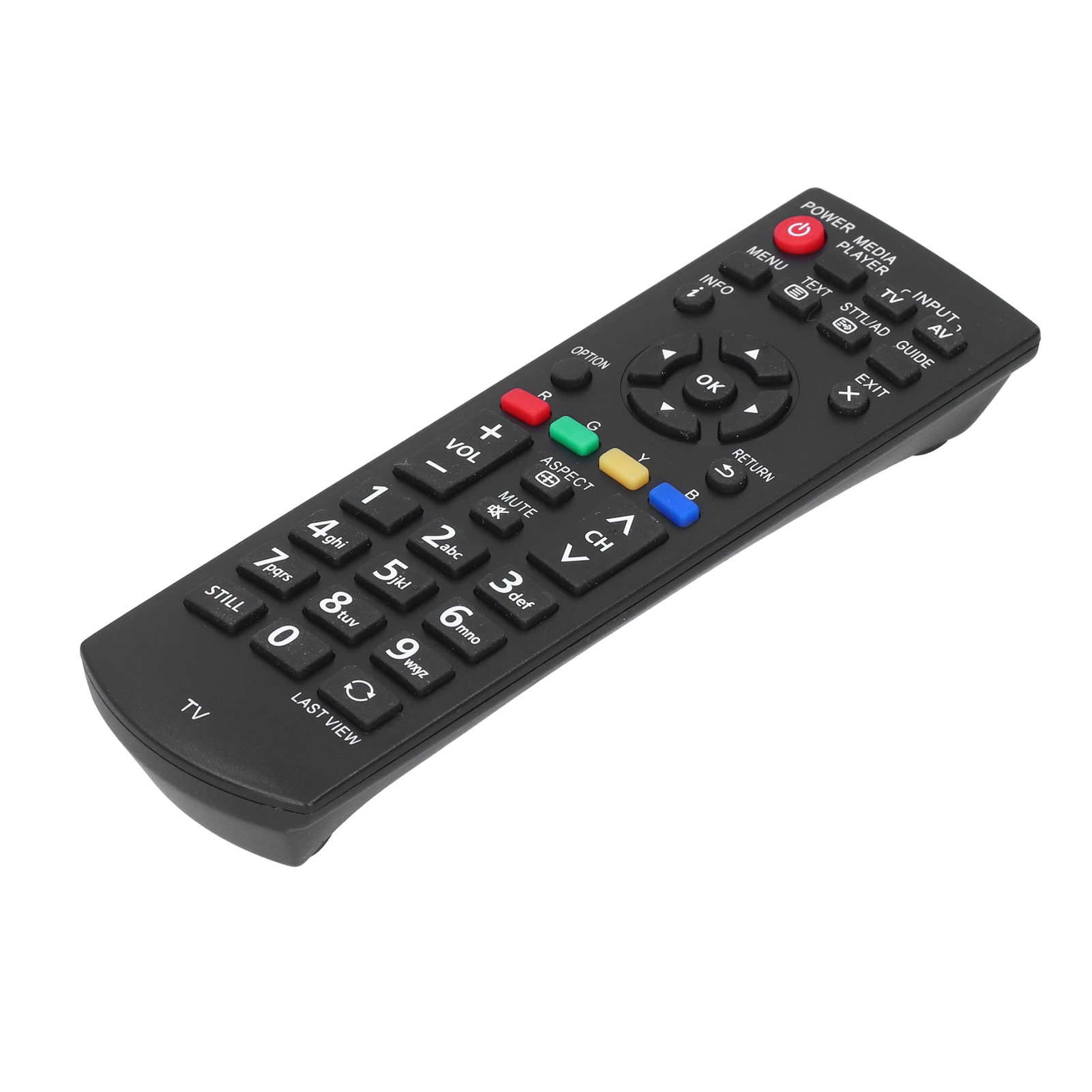 Schwarze TV-Fernbedienung mit verschiedenen Tasten. Text und Zahlen sind sichtbar.