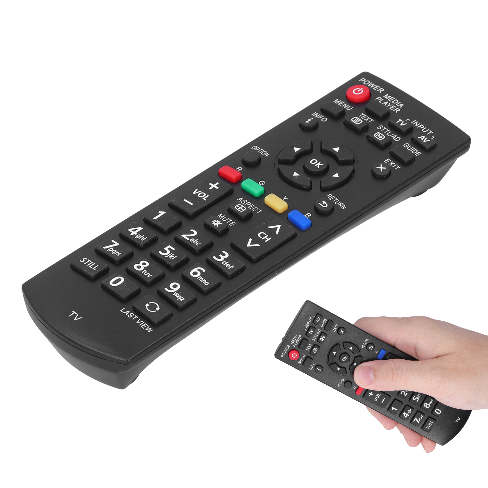 Schwarze TV-Fernbedienung mit vielen Tasten. Hand hält eine kleinere Replik davon.