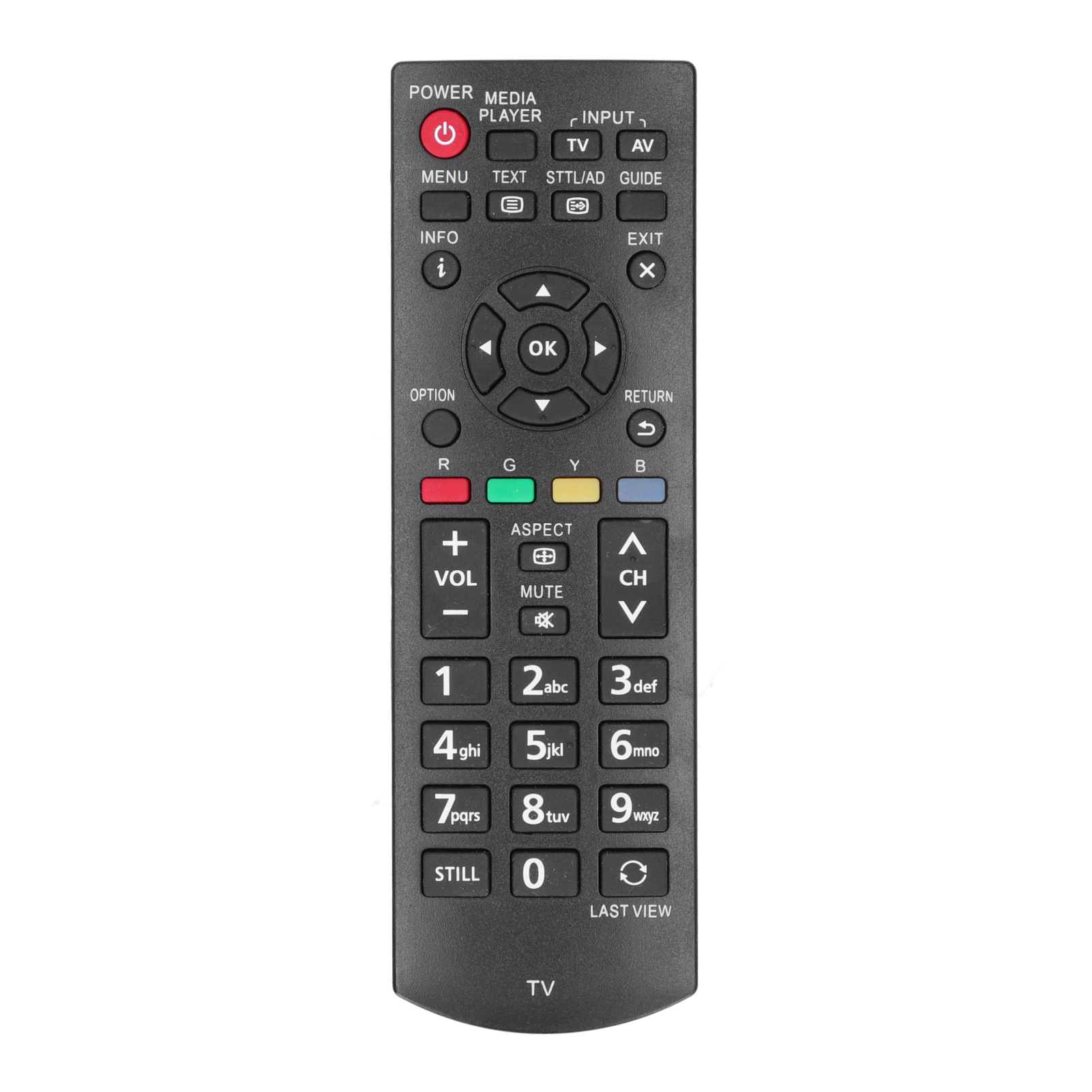 Schwarze TV-Fernbedienung mit zahlreichen Tasten, darunter Strom-, Menü- und Kanalsteuerungen.