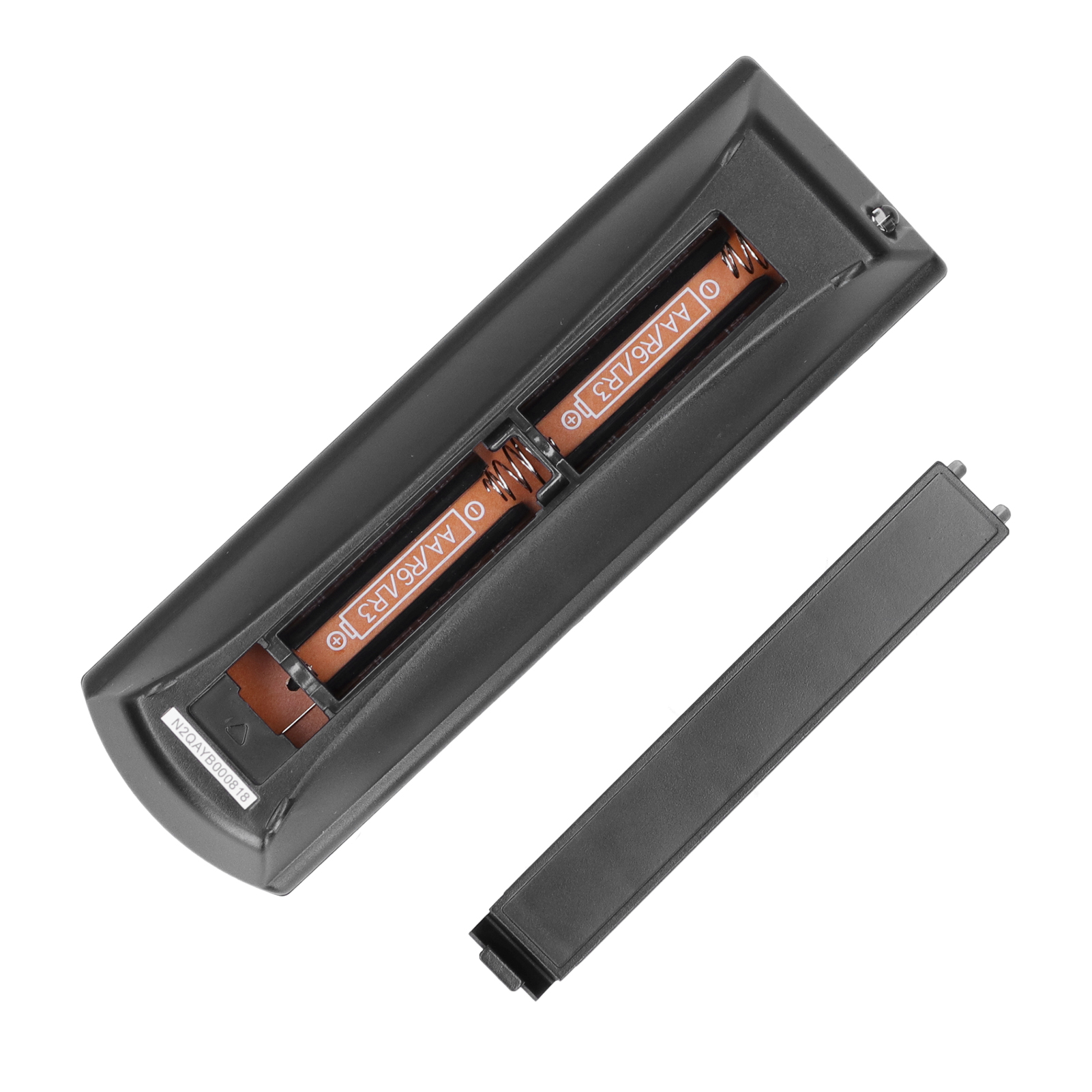 Schwarze Fernbedienung mit Batterien. Weißer Hintergrund.