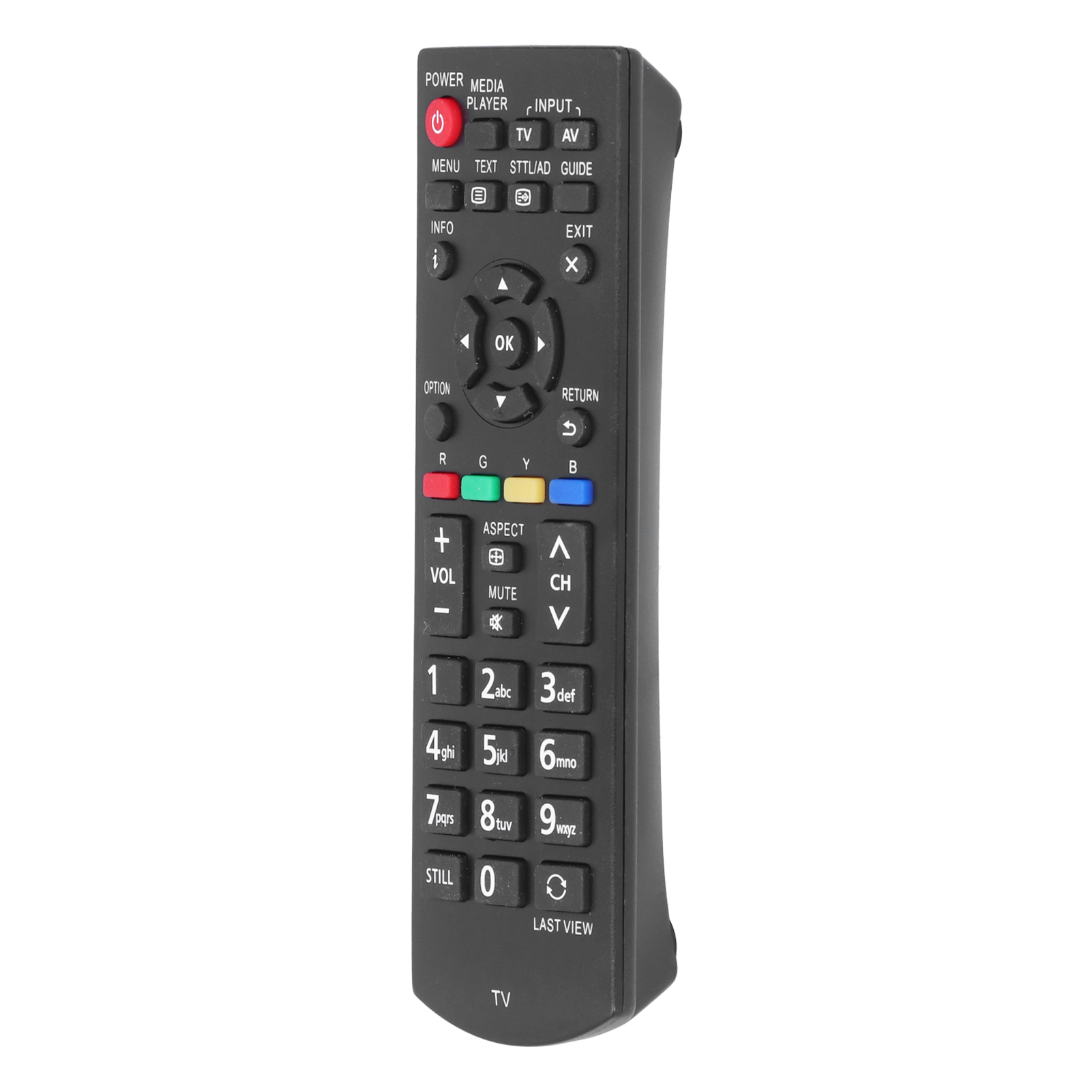 Eine schwarze TV-Fernbedienung mit vielen Tasten und Beschriftungen. Die Tasten sind verschiedenfarbig.
