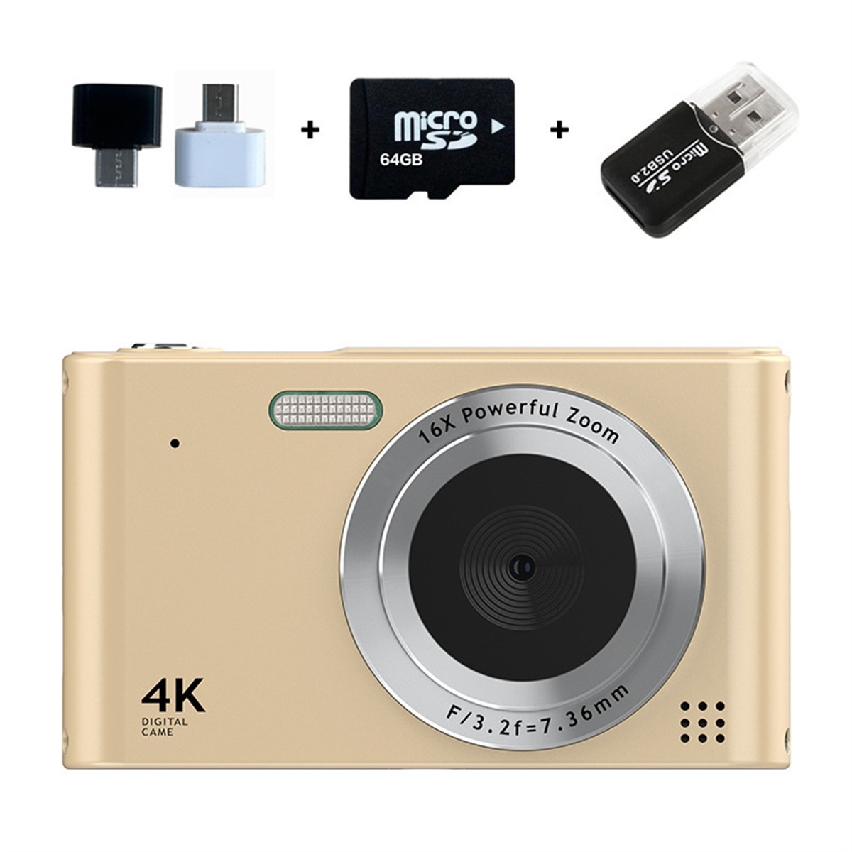 Goldene Digitalkamera mit Zubehör, darunter Adapter und eine Speicherkarte.