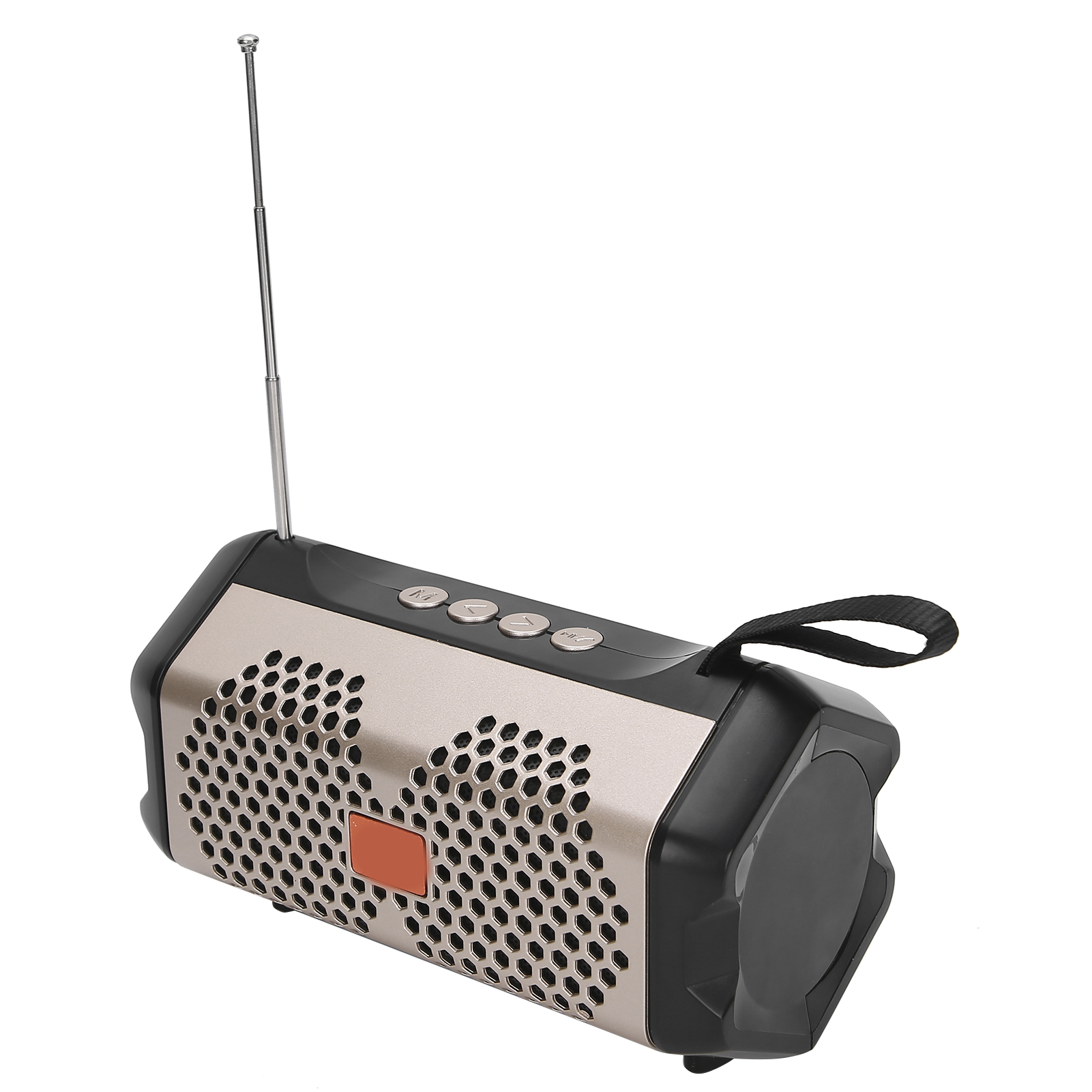Ein schwarzer und goldfarbener tragbarer Lautsprecher mit Antenne und Griff.