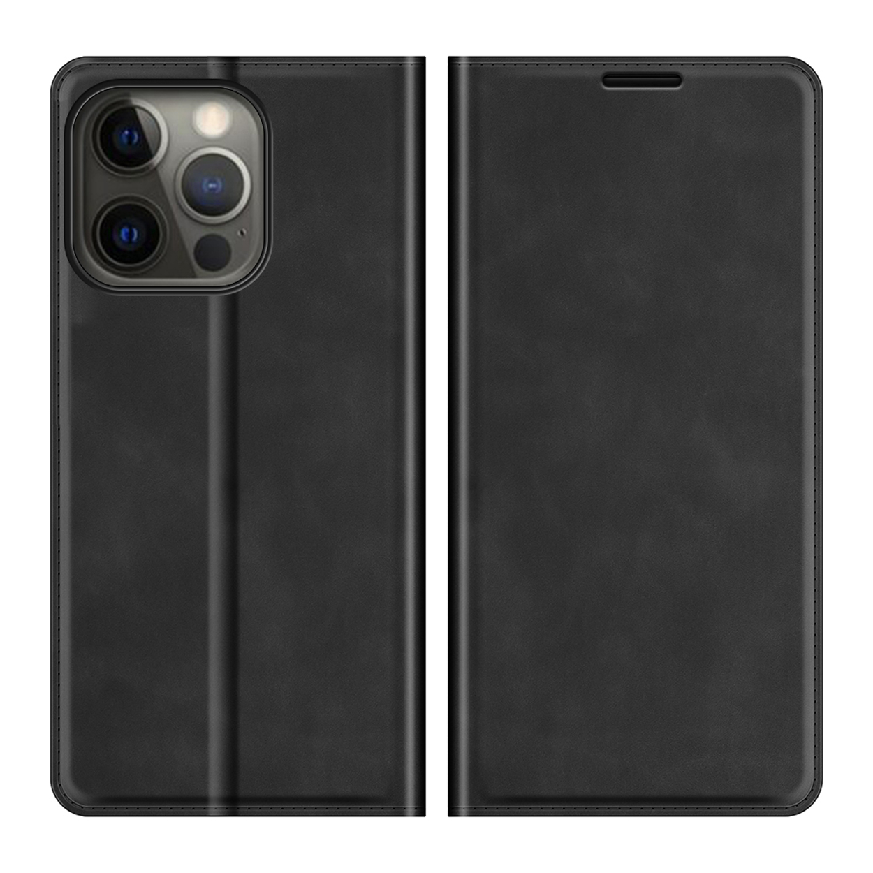 Gesloten zwarte telefoonhoes. De telefoon heeft meerdere camera's en zit in een zwarte leren hoes.