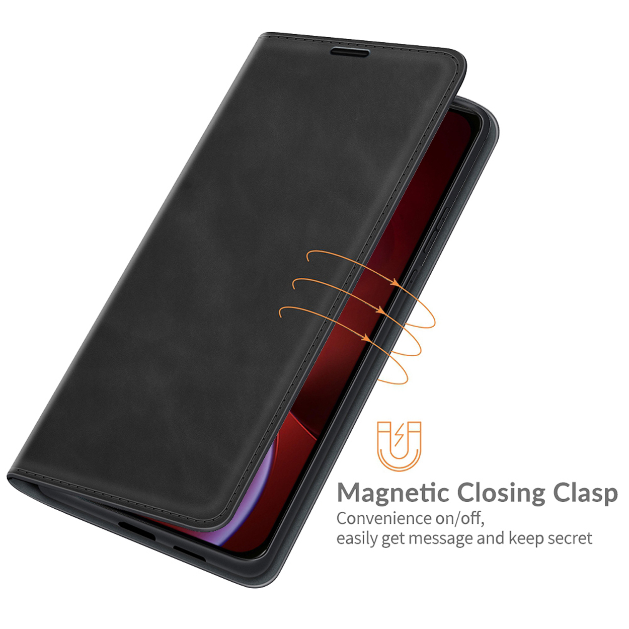 Zwarte telefoonhoes met open klep, op witte achtergrond. Magnetische sluiting.