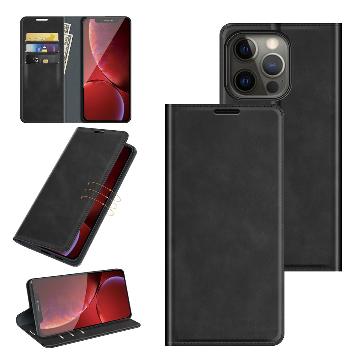 Zwarte leren telefoonhoes, met telefoon erin. Meerdere weergaven, zwarte kleur.