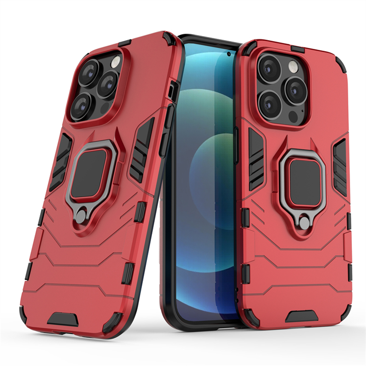 Coques de téléphone rouges avec un téléphone à l'intérieur. Les coques ont des détails noirs.