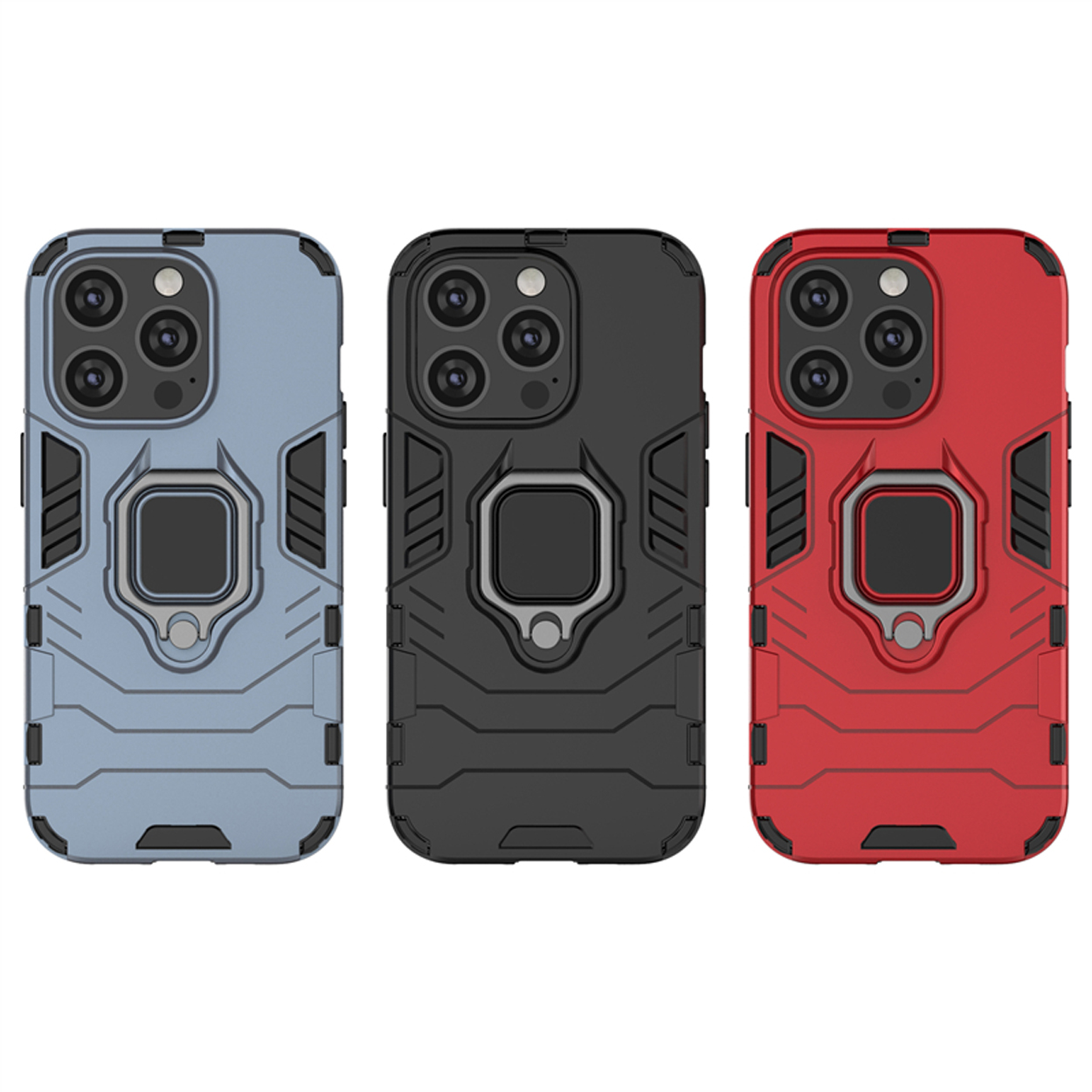 Trois étuis de téléphone en bleu, noir et rouge, chacun avec un porte-anneau et un design carré.