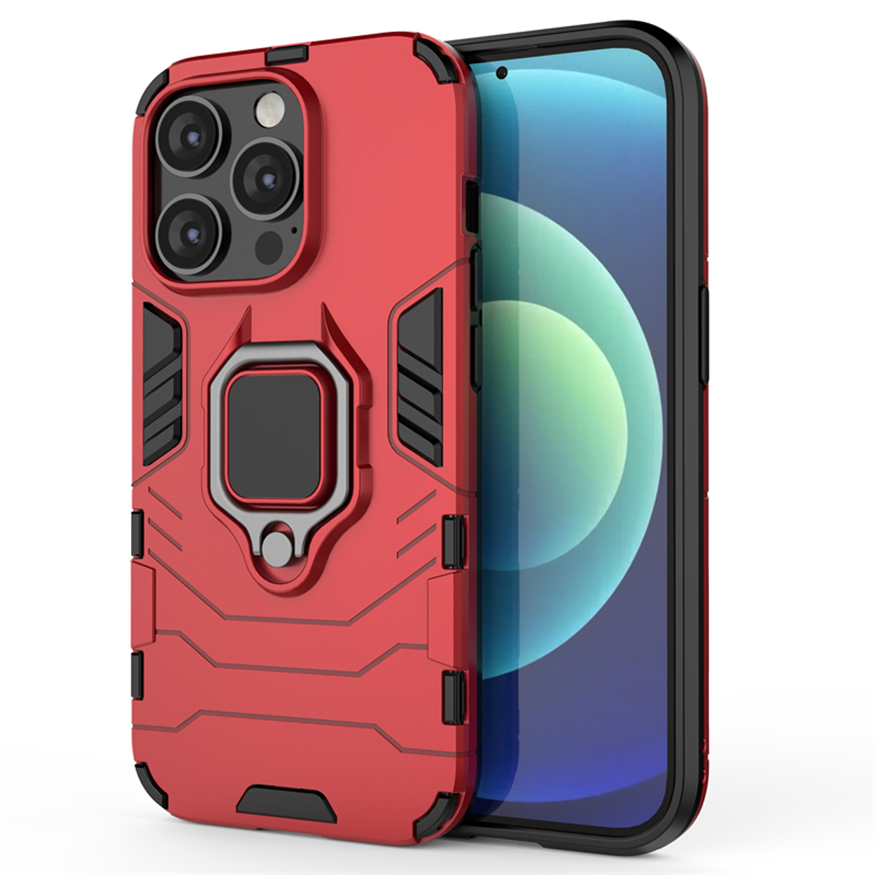 Coque de téléphone rouge avec des accents noirs et un support d'anneau. Téléphone visible à l'intérieur.