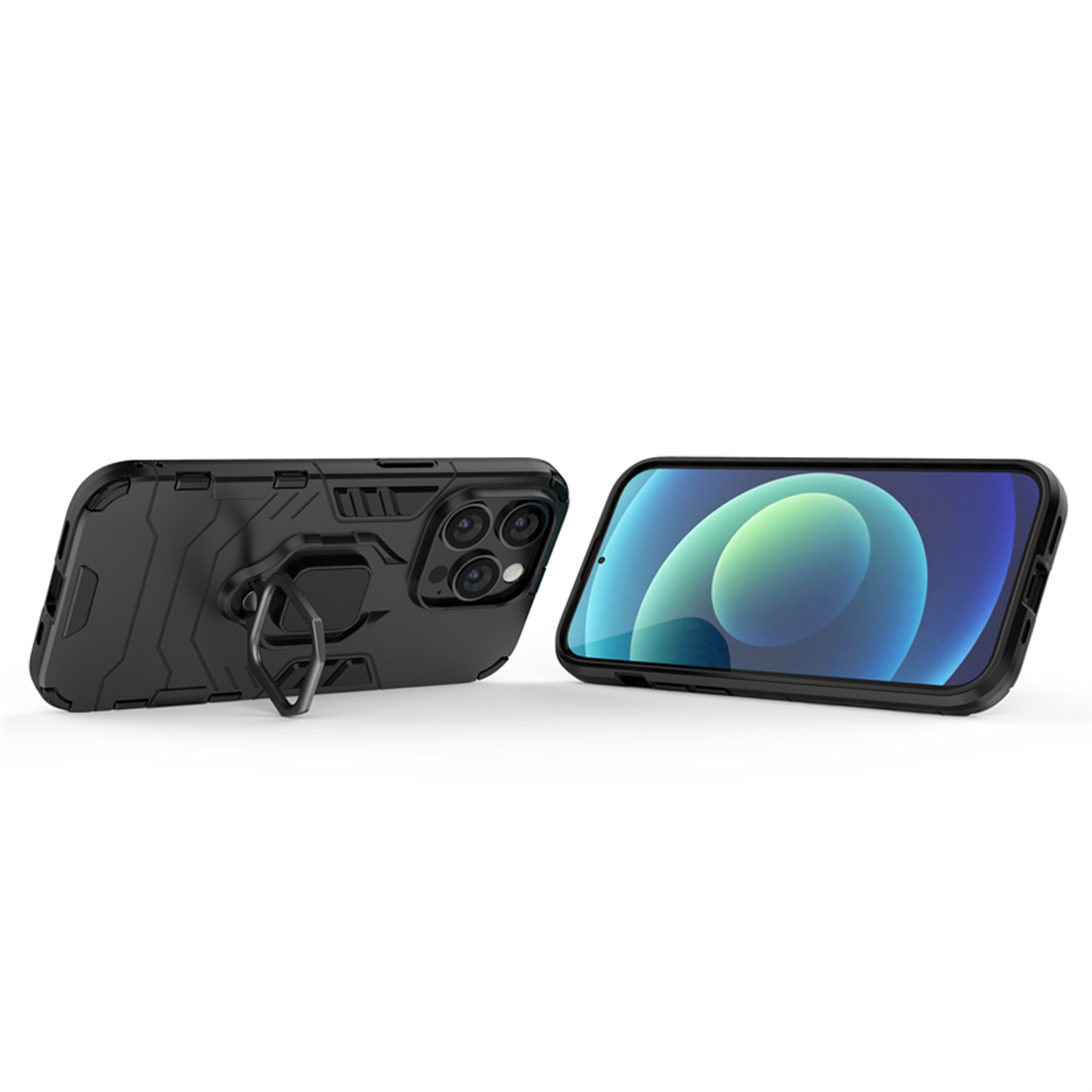 Coque de téléphone noire avec support de bague. Téléphones sur le côté et vue de face. Fond blanc.
