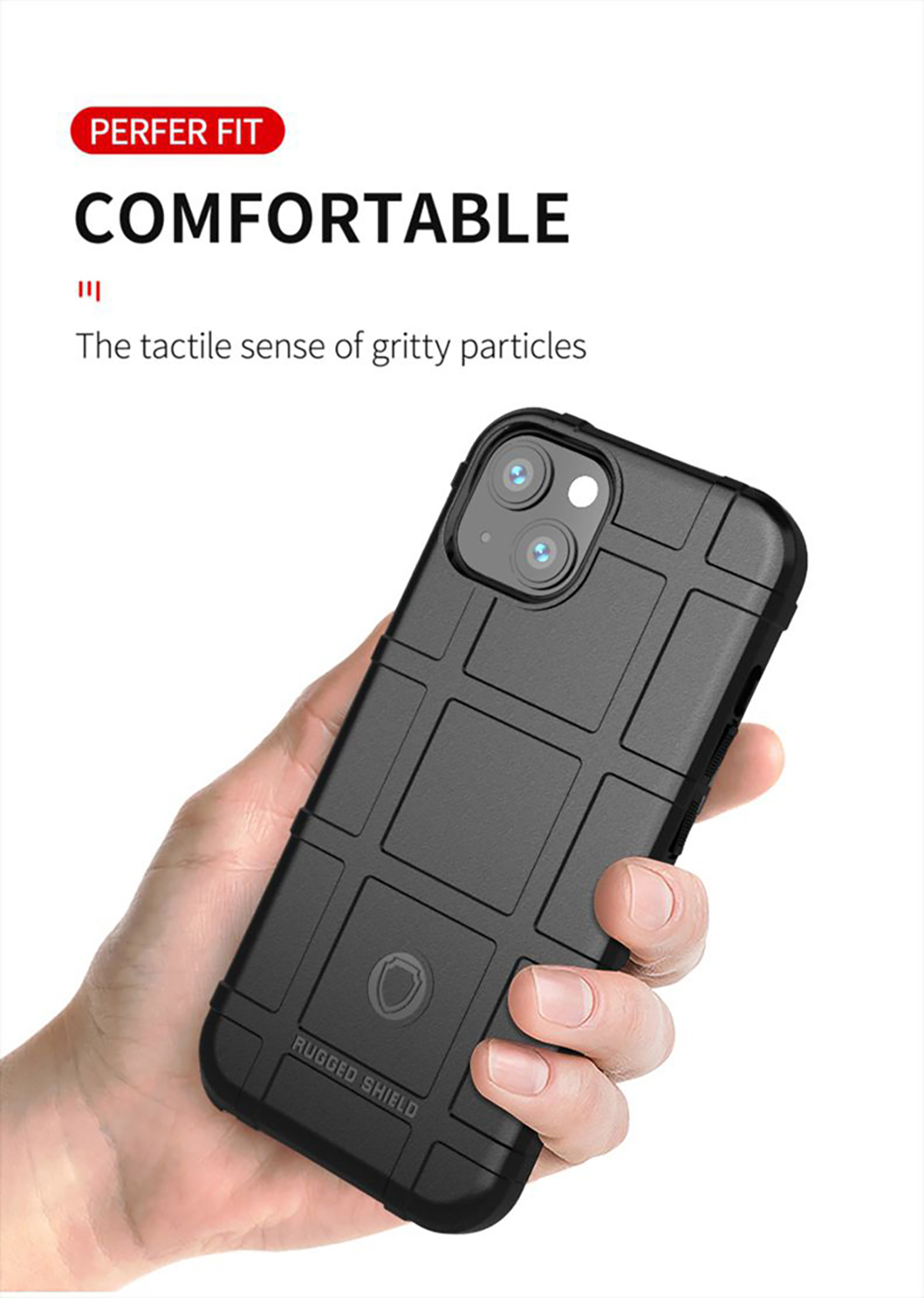 Main tenant une coque de téléphone noire texturée avec superposition de texte.