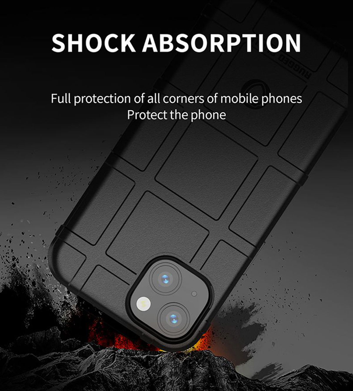 Coque de téléphone noire avec une surface texturée. Elle possède des fonctions de protection de caméra et d'absorption des chocs.