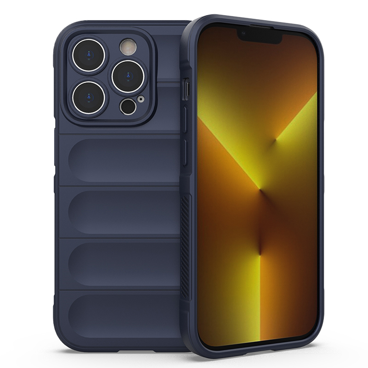Coque de téléphone bleu marine avec un téléphone, vues arrière et latérales.
