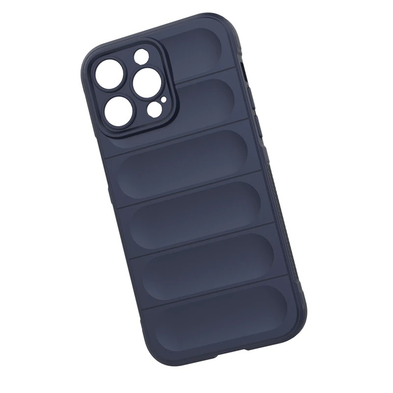 Une coque de téléphone bleu marine. La coque a la forme d'une doudoune.