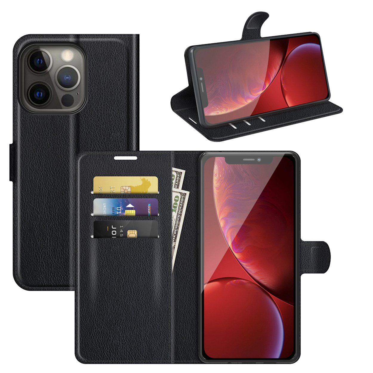 Étui de téléphone noir avec fonctions portefeuille. Le téléphone est affiché à l'intérieur et ouvert.