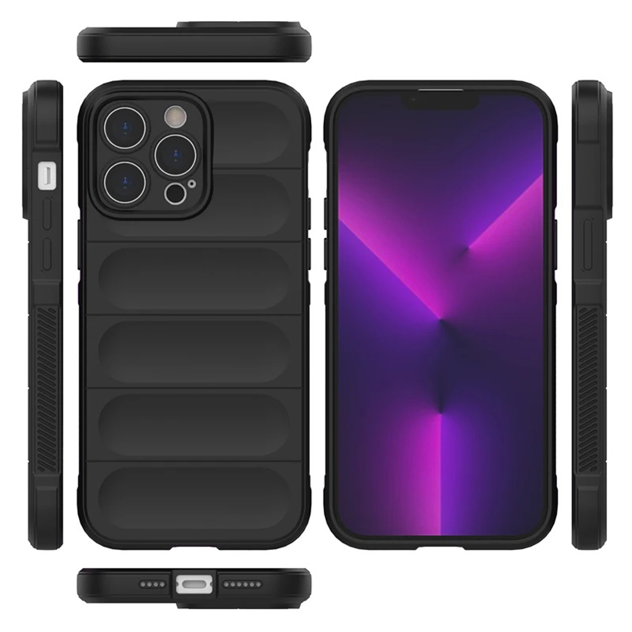 Een zwarte telefoonhoes met een geribbeld ontwerp, weergegeven vanuit meerdere hoeken tegen een witte achtergrond.