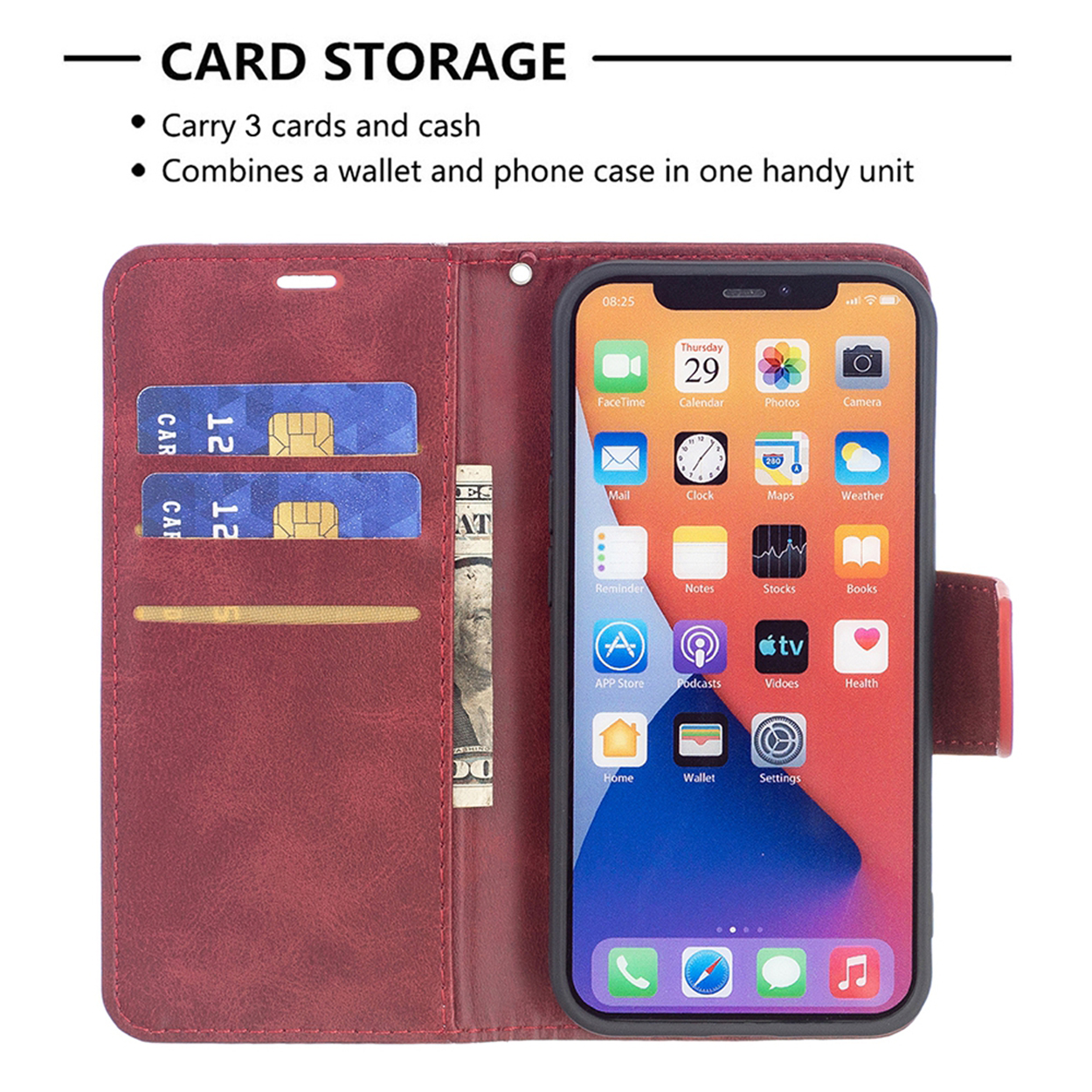 Open rode telefoonhoes met telefoon en creditcards. De telefoon toont de app-pictogrammen.